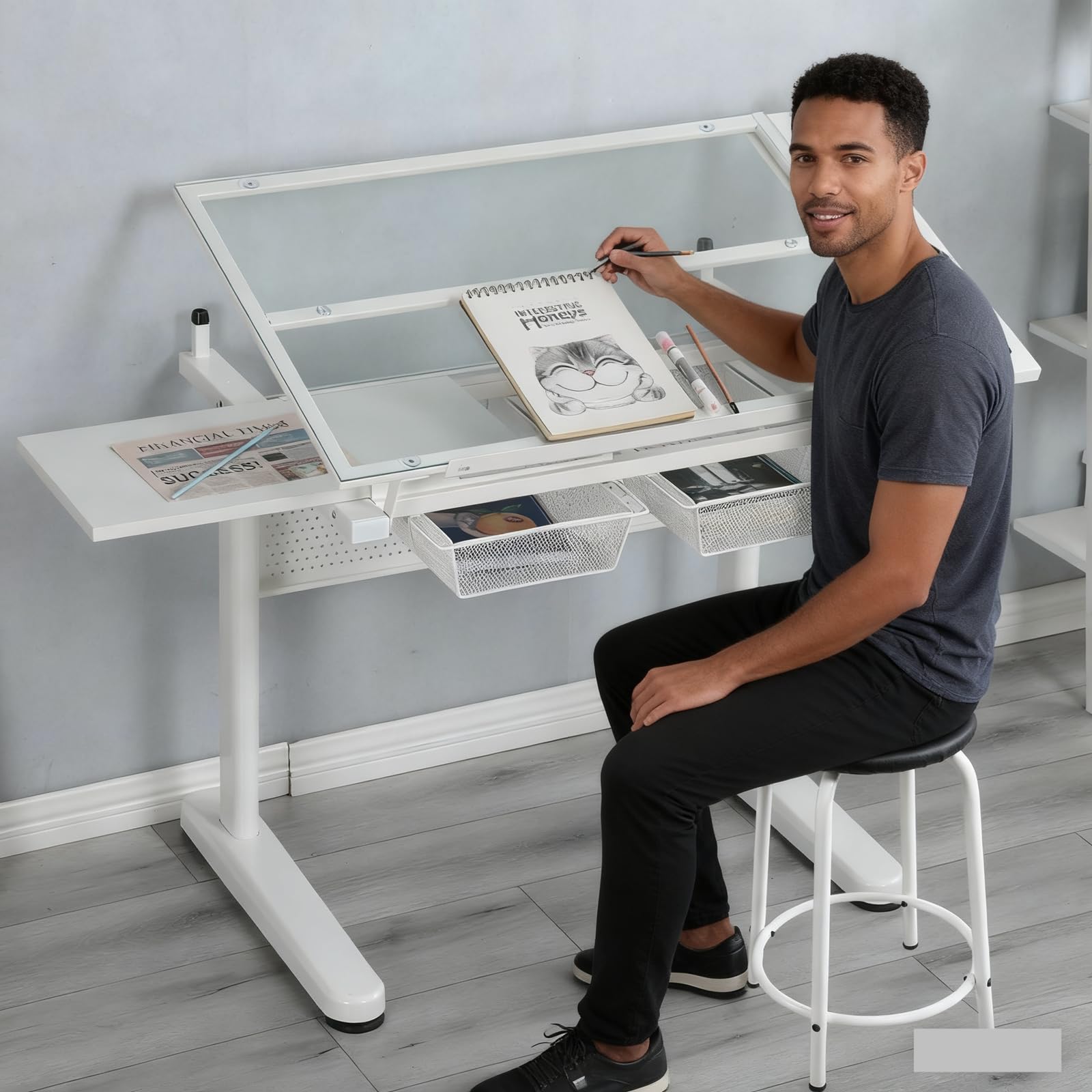 Drafting Desk with Stool, Upgraded Hand Crank Adjustable Height Art Table with Storage, 0-75° Tilting Glass Tabletop Drawing Table for Artists, Ergonomic Design for Painting, Sketching, White