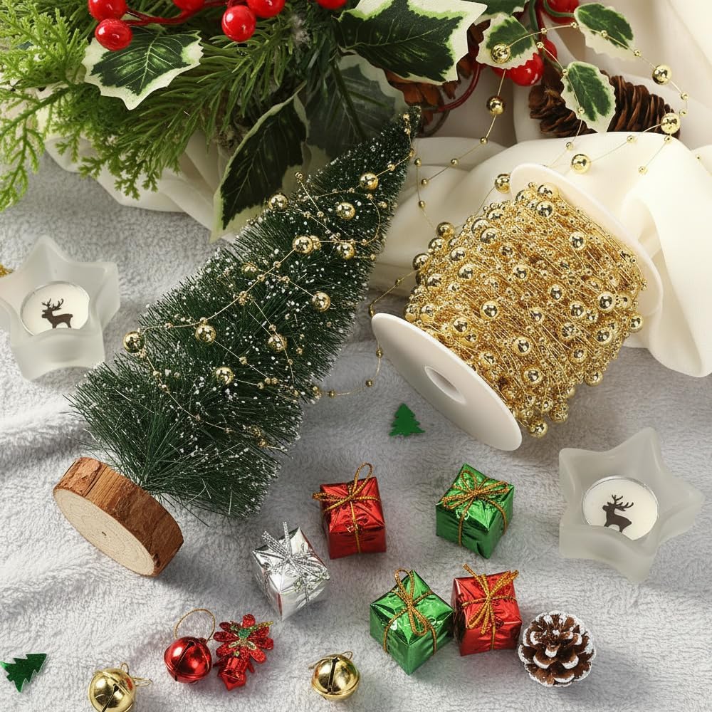 2 Rolls 196 Feet Pearl Beads String Garland Fishing Line Gold Faux Pearl Garland Beads Chain Ornament Roll for Wedding Party Crafting Decoration Christmas Tree DIY Supplies