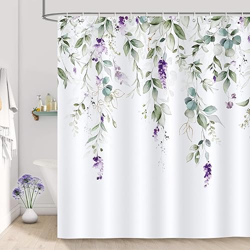 Miniatura 2 de Bonhause Cortina de ducha de eucalipto verde con hojas de acuarela y flores moradas, cortina de baño decorativa de 72 x 72 pulgadas, tela de