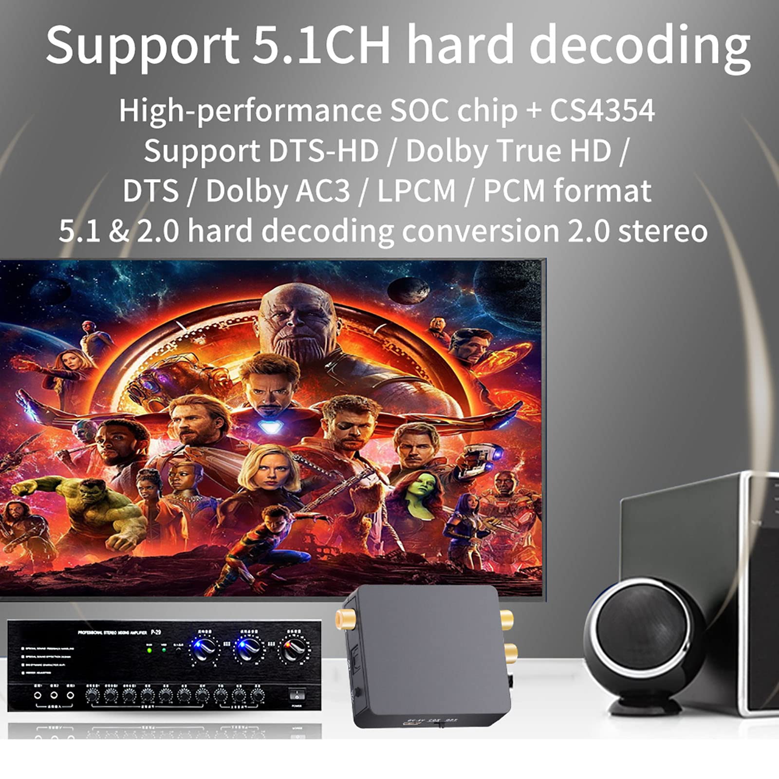Convertidor Digital a Analógico, Conversión De Decodificación De Audio 5.1 Salida Estéreo Coaxial 2.0 De Fibra AC3, con Ajuste De Volumen, Adecuado para Cine En Casa PS3 HD DVD PS4 HDTV