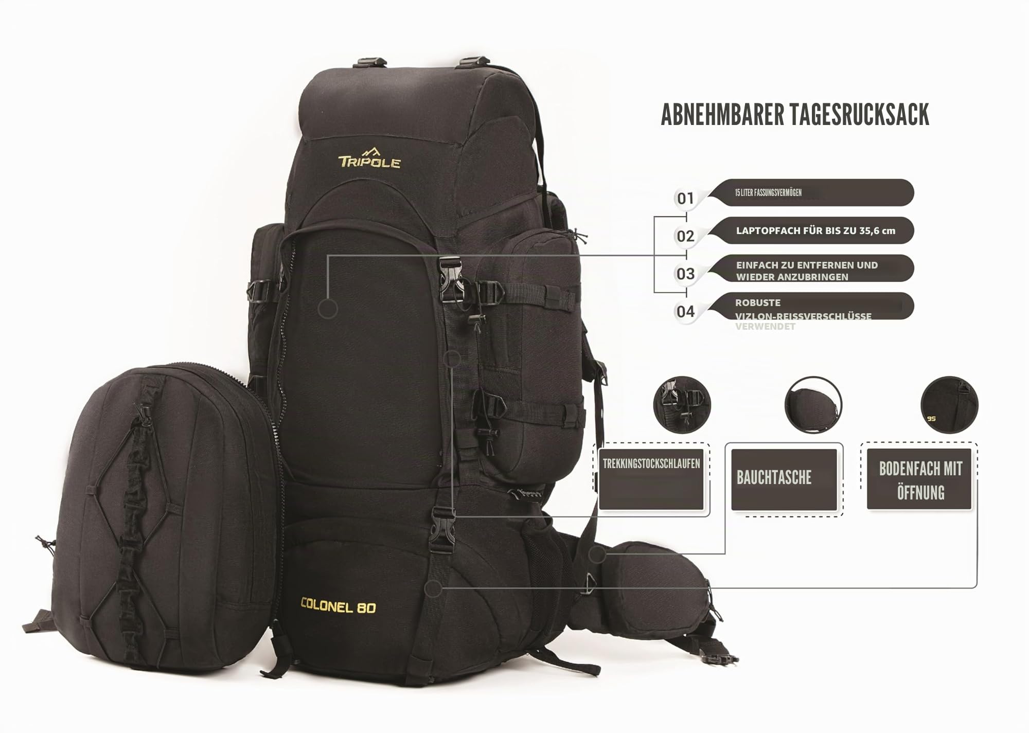 Tripole Rucksack Der Colonel-Serie Mit Innenrahmen - Mit Abnehmbarem Tagesrucksack Und Regenhülle