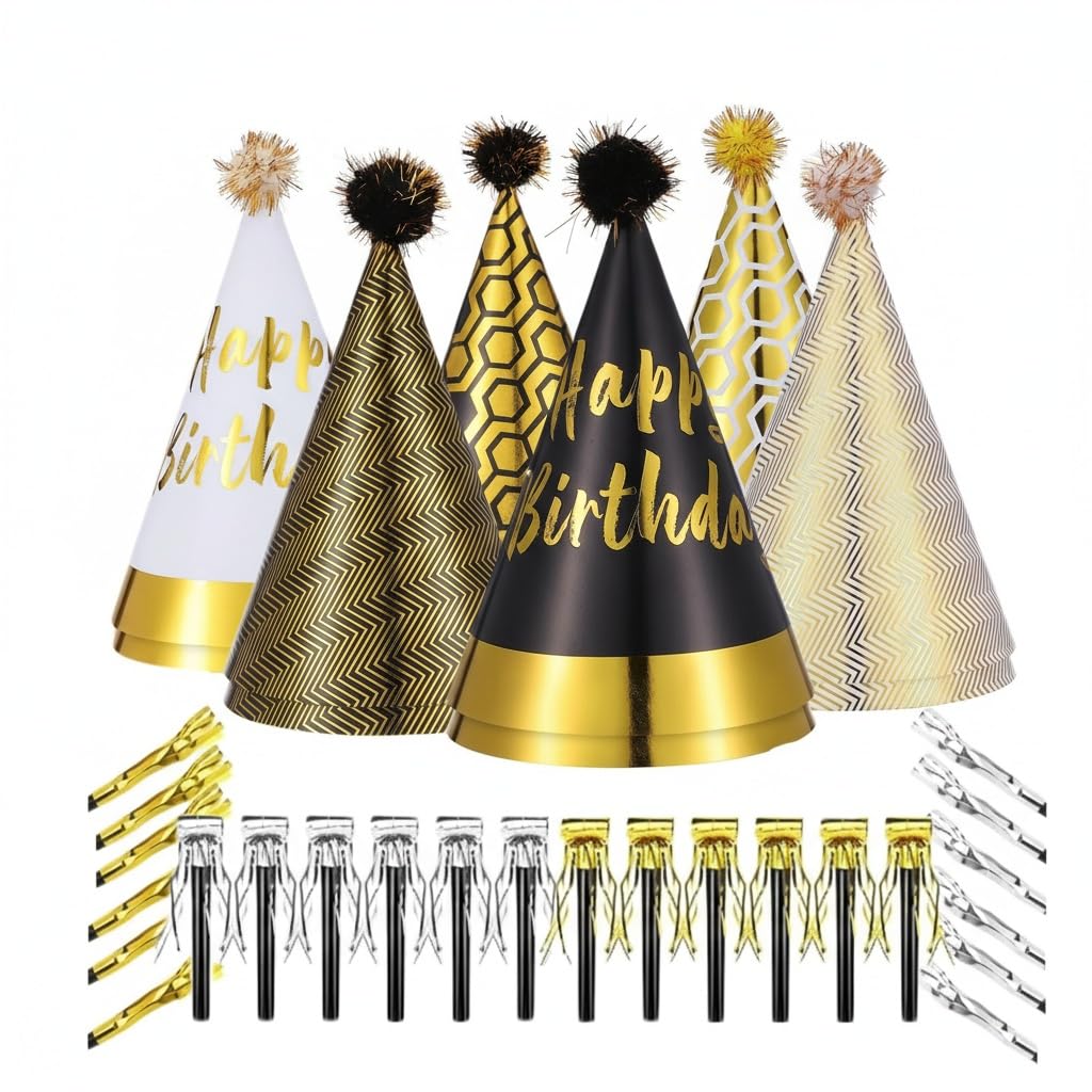 Photo 1 of ***MISSING PARTS - SEE NOTES***JOINPAYA 36 Pcs Party Birthday Hats Set – Gold Cone Hats with 12 Paper Party Hats and 24 Noise Makers for Kids and Adults Celebrations