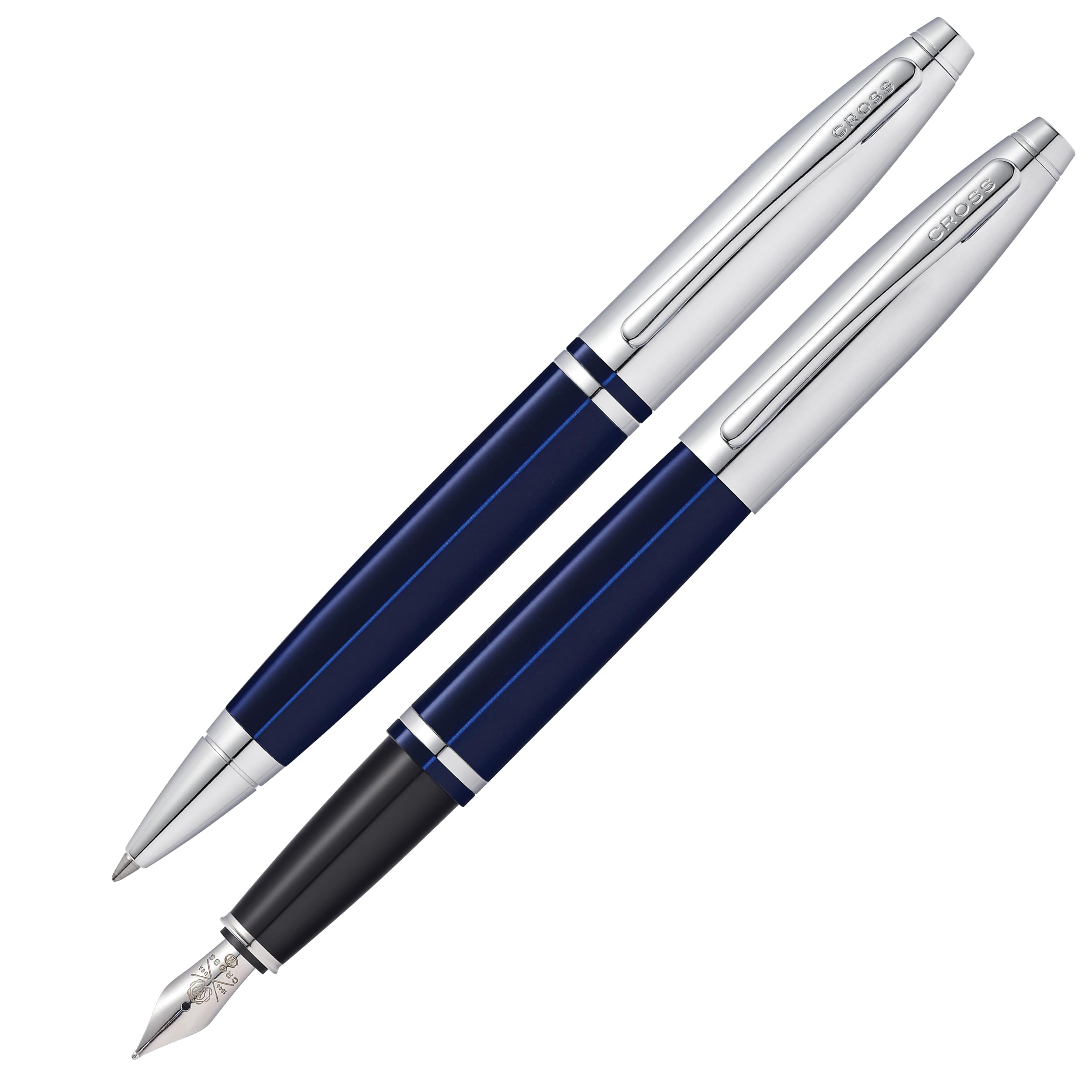 Cross Calais Ballpoint Pen and Fountain Pen Gift Set (M Line or Nib Size) Black Ink Colour Blue Lacquer Chrome