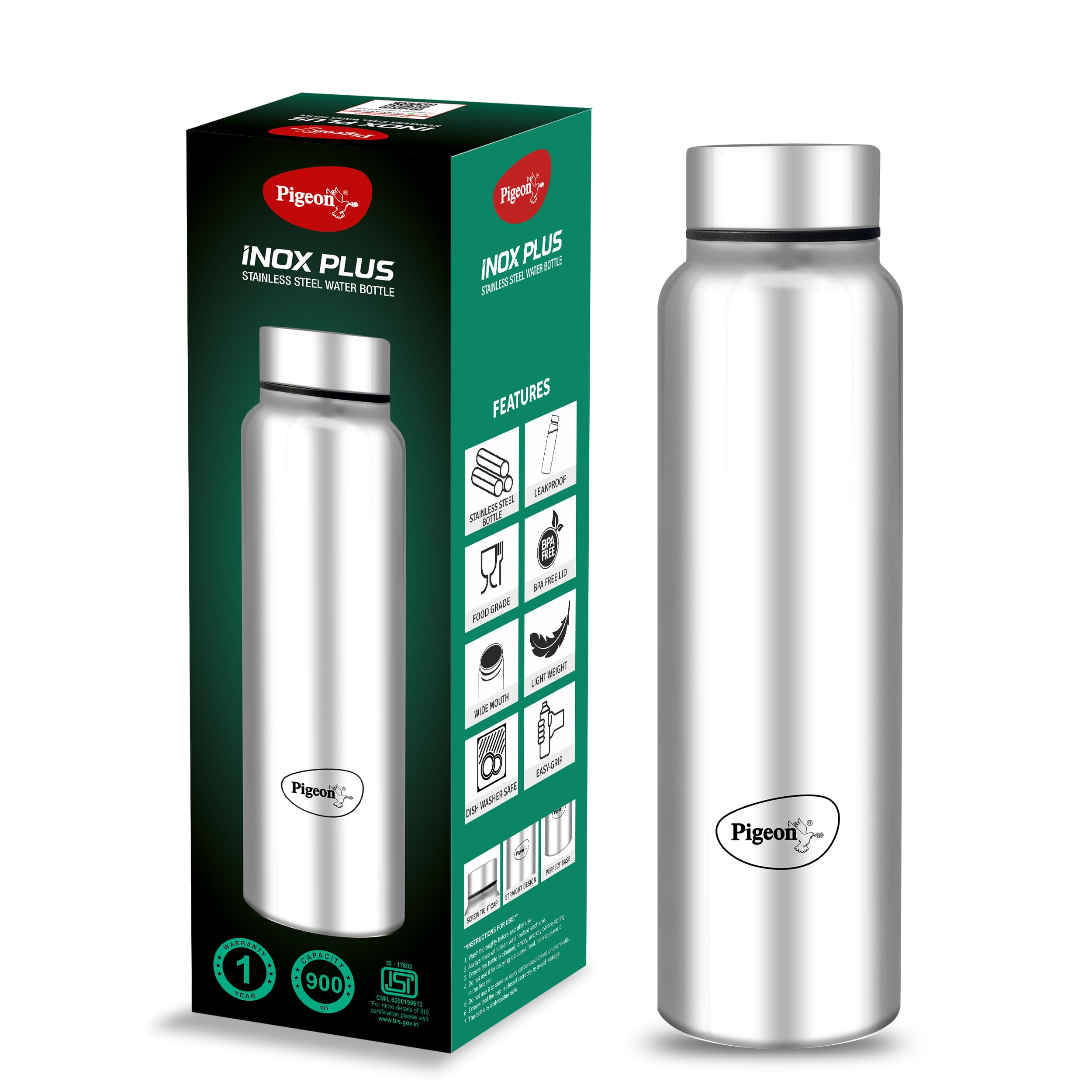 Pigeon by Stovekraft Inox Hydra Plus Stainless Steel Drinking Water Bottle 900 ml - Silver