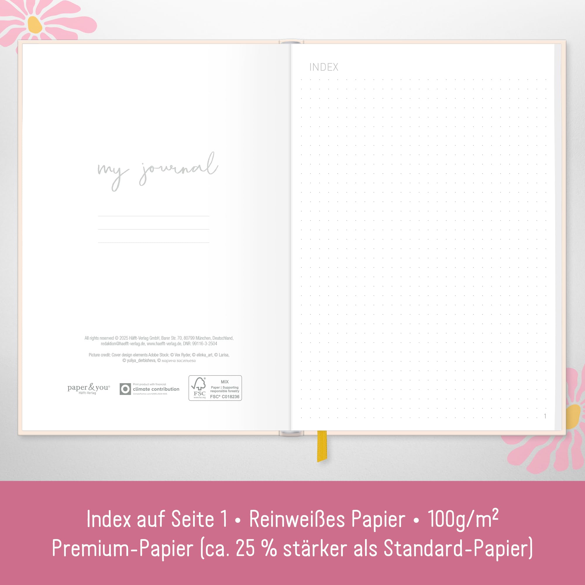 Häfft paper&you® dotted Journal A5 – notes w kropki „Pink Flowers” | 156 ponumerowanych stron w kropki, gumka i zakładka – do prowadzenia pamiętnika, szkiców, list i kreatywnych notatek
