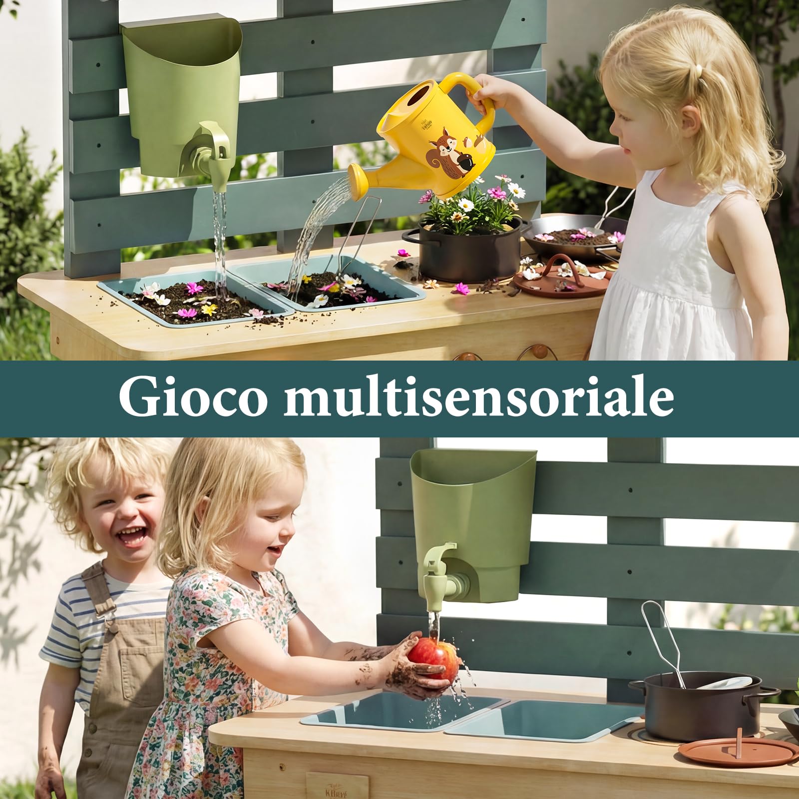 Lehoo Castle Cucina Bambini Legno - Mud Kitchen da Esterno con Lavello a Acqua Corrente, Giochi Sensoriali per Cucinare e Annaffiare, Giocattolo Montessori per Giardino 3+ Anni