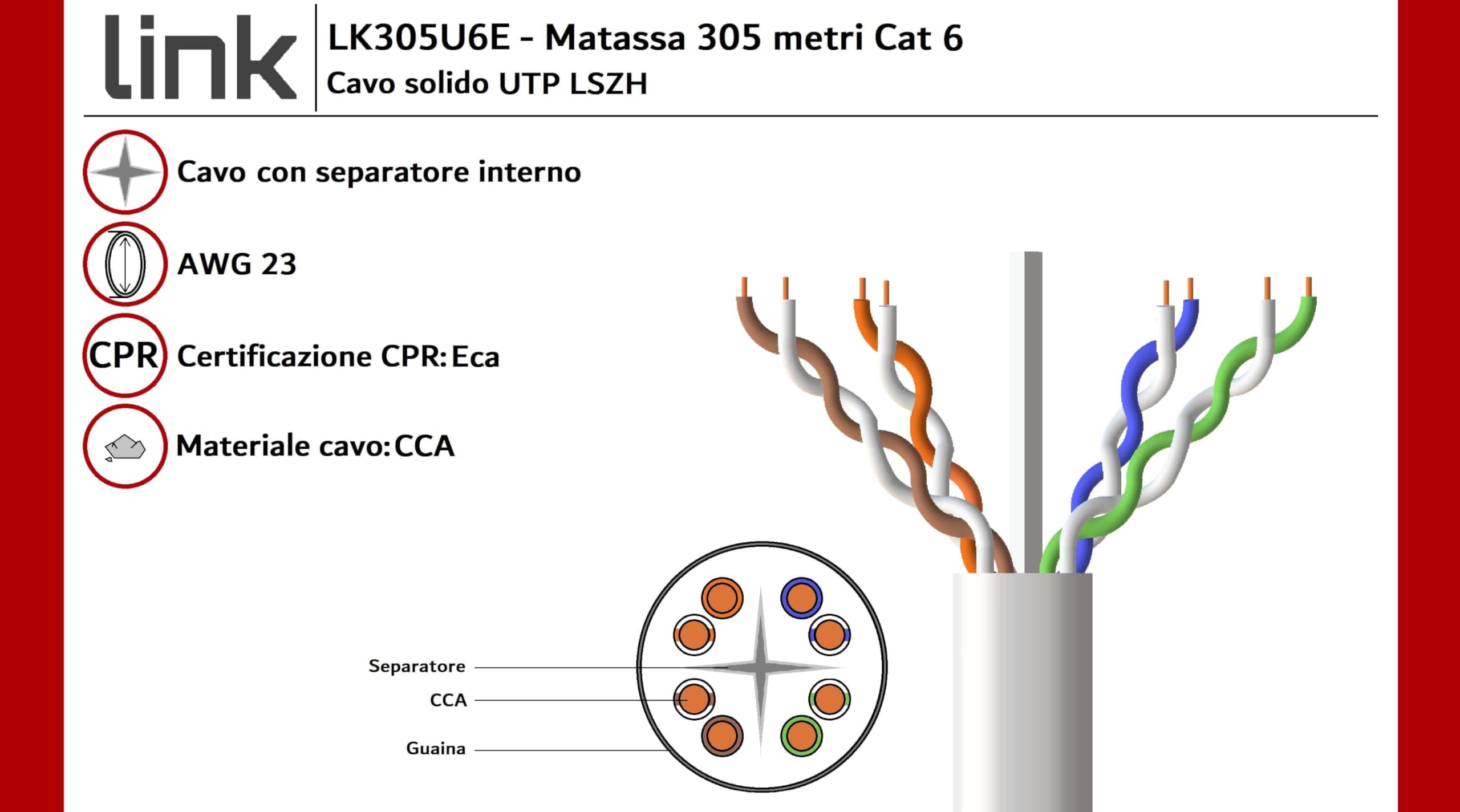 LINK LK305U6E - Cavo UTP solido Categoria 6 (305 m, Grigio) – Guaina senza alogeni per installazione fissa in canalina a muro – Conforme CPR Classe Eca e standard ISO/IEC 11801