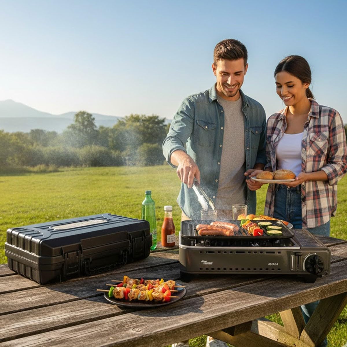 Alpen Camping – Nevada BBQ Gas tragbar | Brenner 1780 W | Fett-Grill, zentraler Schlitz | Piezo-Zündung | Hartschalenkoffer inklusive | Camping, Van, Roadtrip