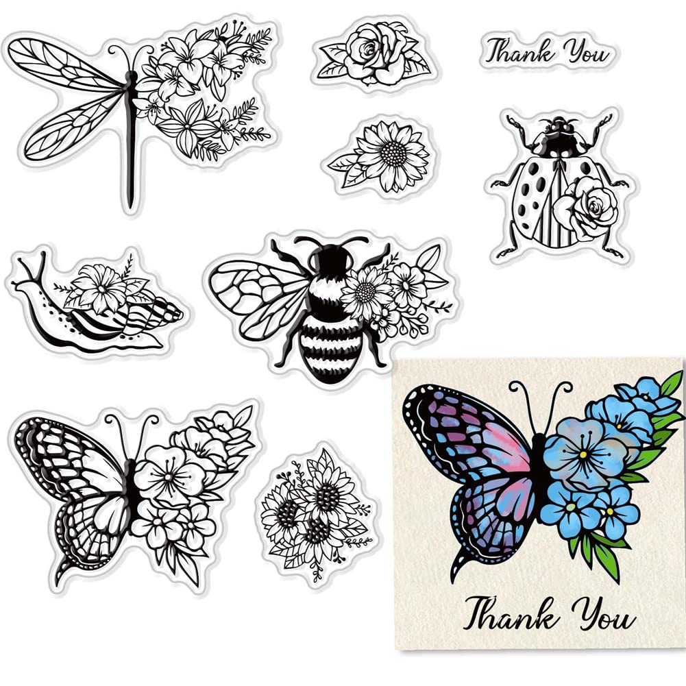 CRASPIRE Butterfly Clear Stamps for Card Making Decoration Scrapbooking Supplies, Bee Clear Stamps Animals Snail Ladybug Transparent Rubber Stamps