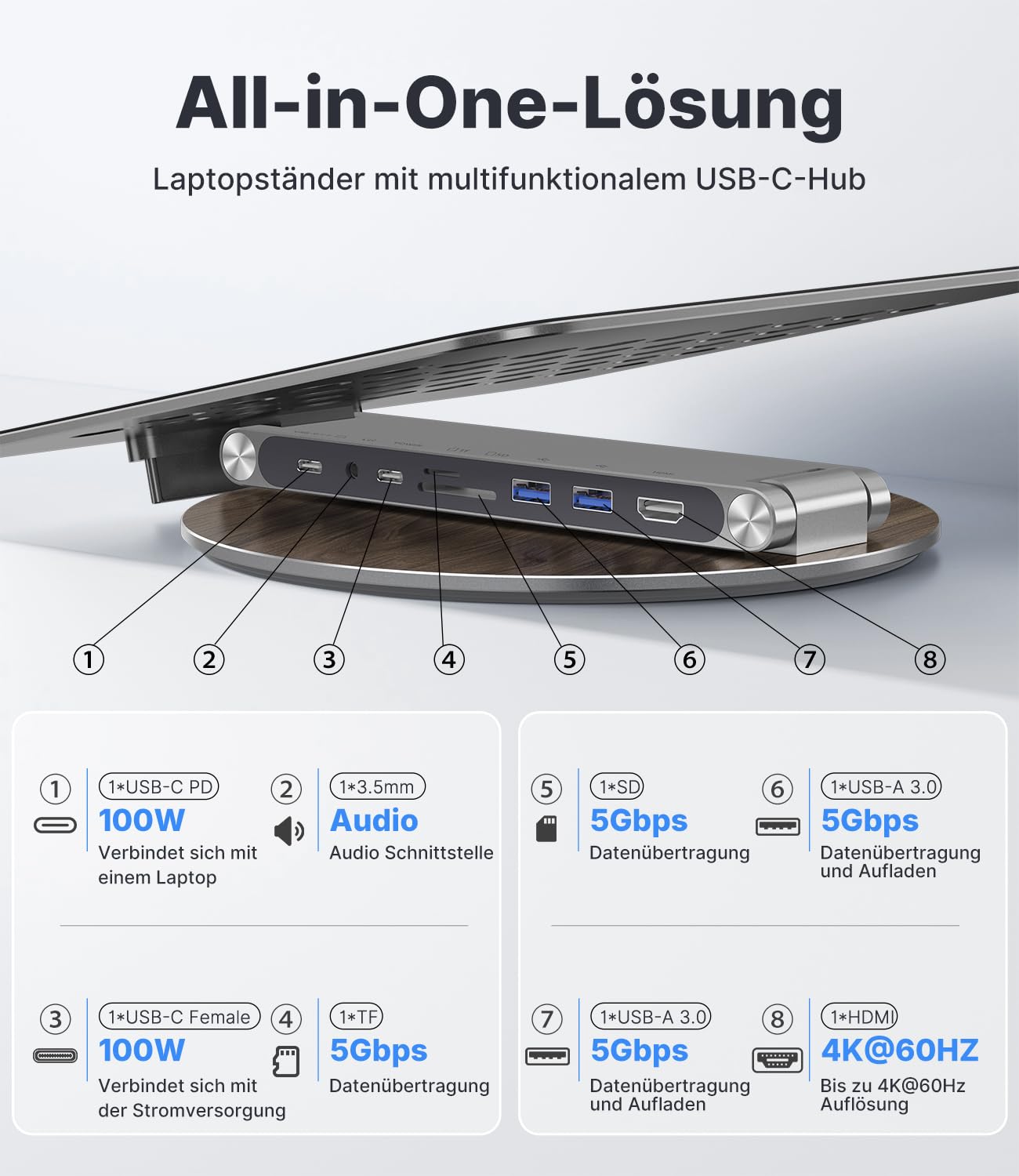 KU XIU Verstellbar Laptop Ständer mit 8-in-1 Dockingstation Aluminium | Laptop Halterung mit USB HUB 360° Rrehbarer Basis, Dual-Display 4K-HDMI USB3.0 PD100W für MacBook Pro Air/alle 10-17'' Laptop
