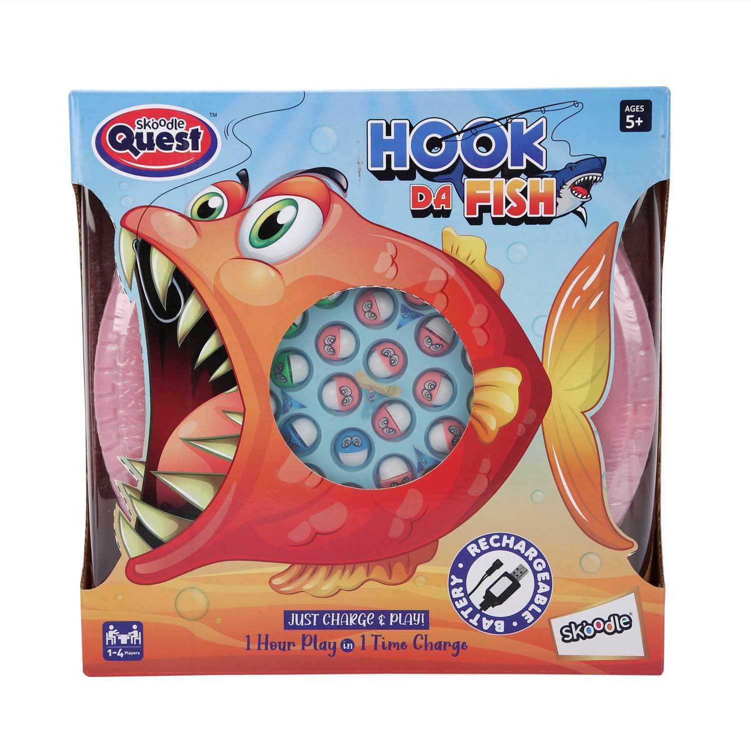 SKOODLE Quest Hook Da Fish Rechargeable Fishing Game 45 Fishes & 4 Fishing Pole Musical Rotating Board Game Age 5+, Multicolor 4