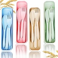 YDYTOP Reusable Wheat Straw Travel Utensils Set with Case - 4 Eco-Friendly BPA-Free Cutlery for Camping Picnic Kids Adults (Green Beige Pink Blue)