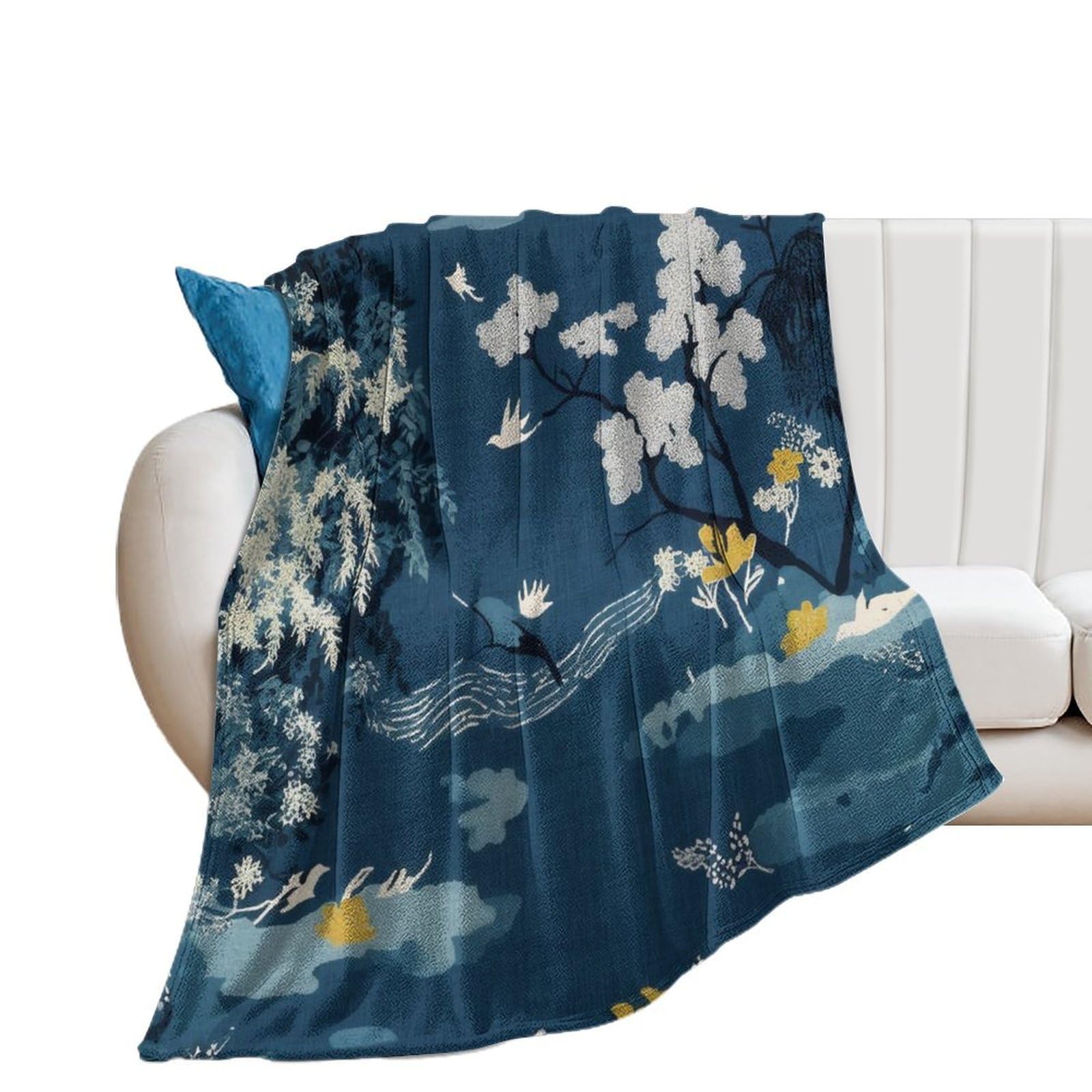 Couverture flanelle lit et canapé légère motif fleurs bleu 178x203 cm