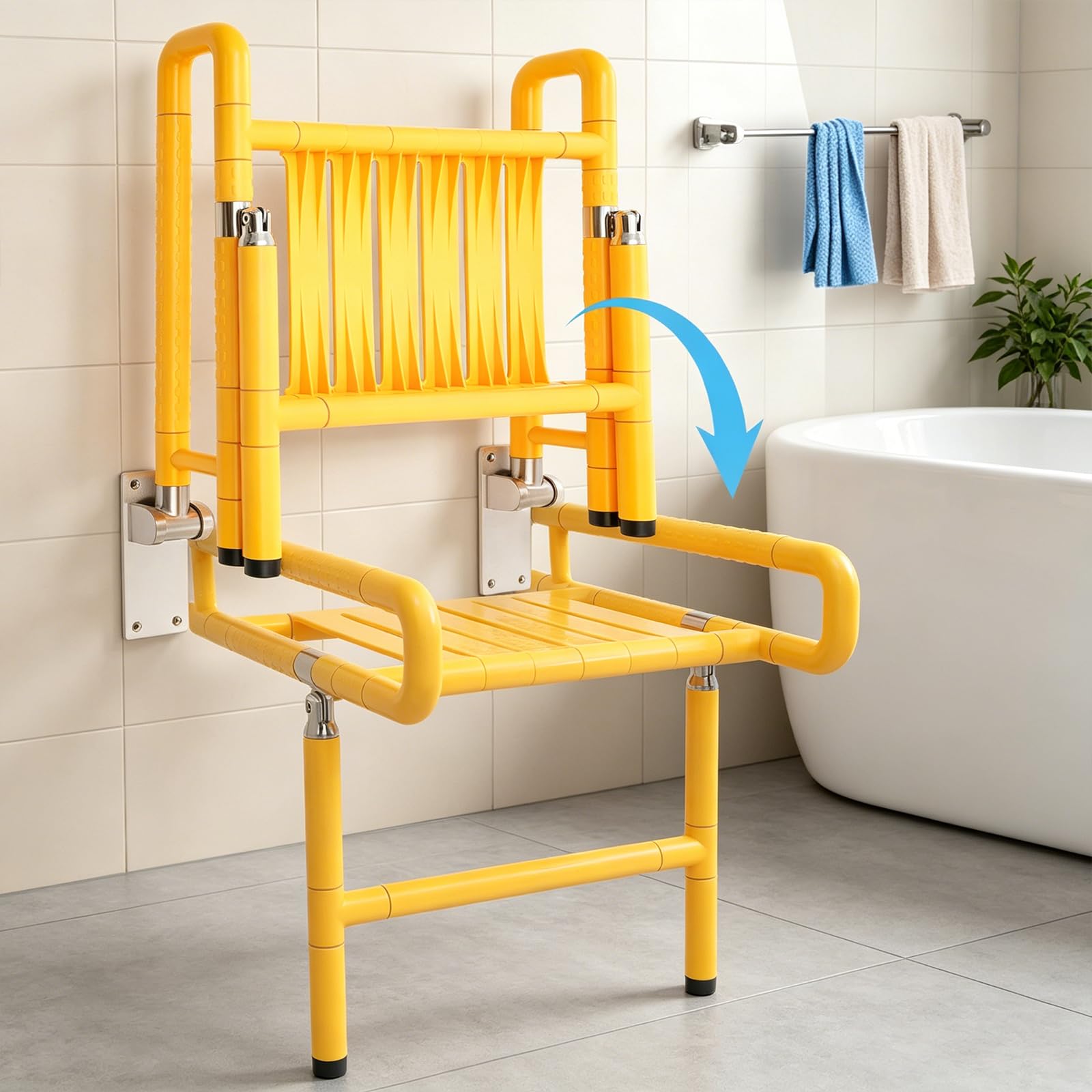 Silla de ducha plegable con barra de agarre, asiento de ducha montado en la pared para adultos, soporta 440 libras, asiento de ducha plegable de acero inoxidable con tablero de asiento de nailon de