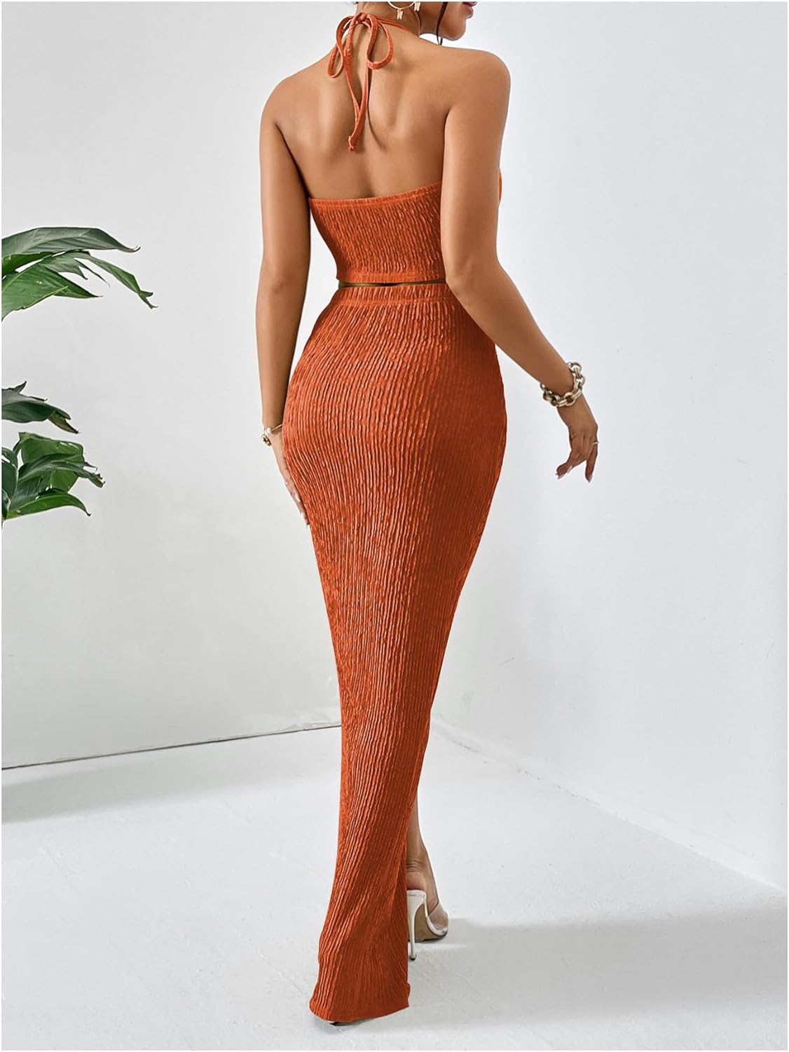 Women's 2 Pieces Outfit Textured Halter Crop Top and Twist Front Split Thigh Maxi Skirt Set - Image 2