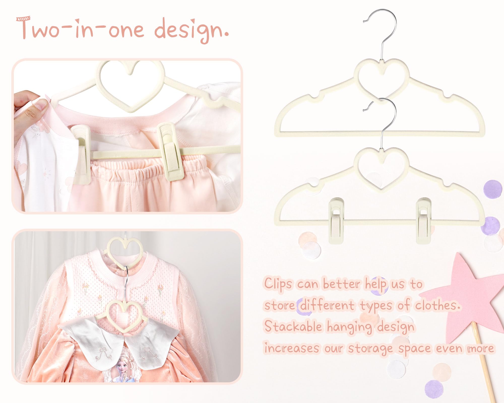 Perchas de terciopelo beige con forma de corazón para bebé, paquete de 50 perchas para niños pequeños de 13 pulgadas con 20 clips, ultra delgadas y apilables para ahorrar espacio