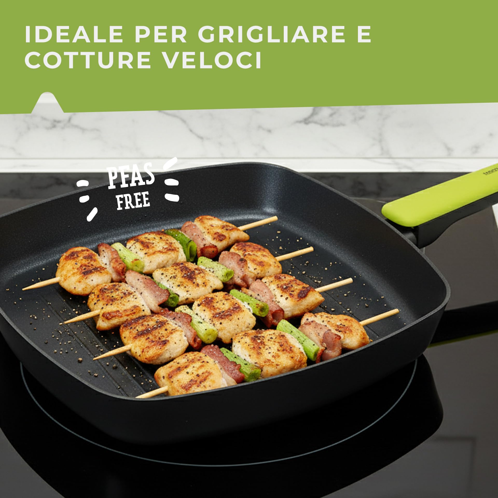 Fackelmann Bistecchiera Grill Antiaderente 28x28 cm in Alluminio Riciclato PFAS FREE, Padella Grill per Induzione con Rivestimento, Manico Soft Touch, Linea Oliva