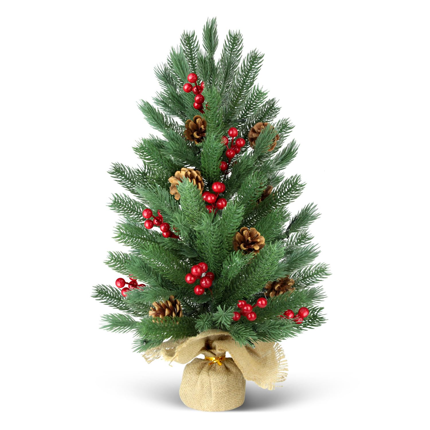 24 Inch Pre-lit Christmas Pine Tree, 2FT Small Table Top Xmas Tree with 50 Warm White Lights, Battery Power Tabletop Tree with Timer, 55 Pines, 10 Pinecones, 70 Red Berries for Winter Home Decorations