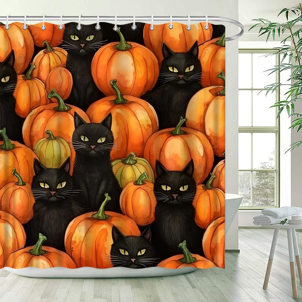 Halloween Shower Curtain The Black Cat in The Pumpkin Fall Thanksgiving Day Harvest Farmhouse Rural Bathroom Decor Curtains 90x70 inch with Hook
