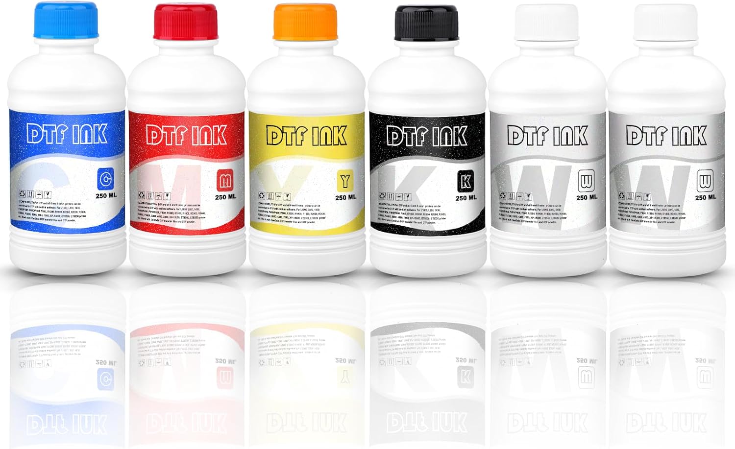 DTF Ink 250ml Premium DTF Ink for Film Heat Transfer Printing Compatible for DTF Printers with Printhead L1800 L805 XP15000 R1390 4720 I3200 XP600 DX7 DX5 5113 DTF Printers(6-Pack,2W+1B+1C+1M+1Y)