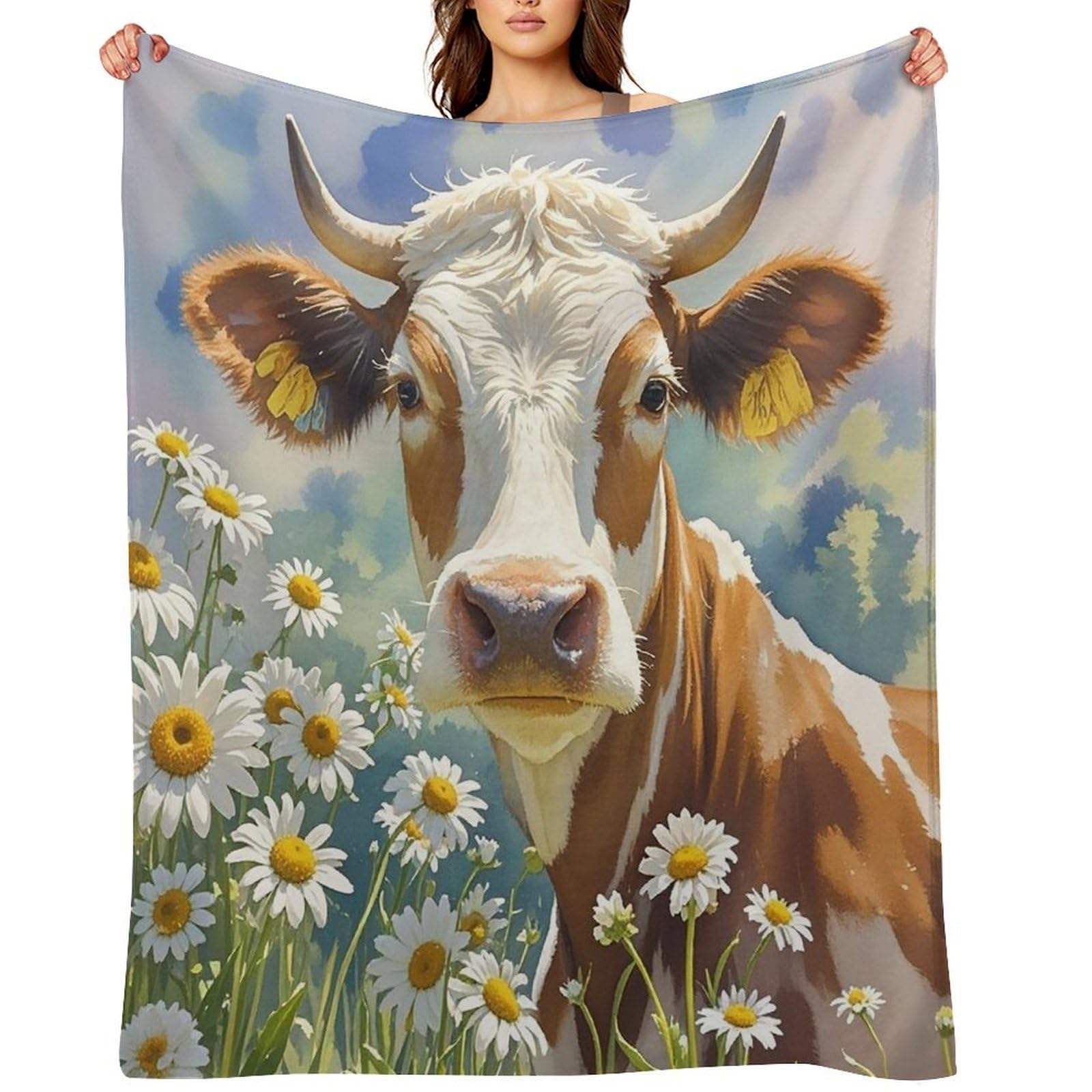 Flannel Watercolor Cow and Daisy Flower Throw Blanket for Couch Super Soft Fuzzy Cozy Flannel Blankets No Shed No Pilling FAnti-Static Winter Bed Blanket Decorative and Giftable Blankets