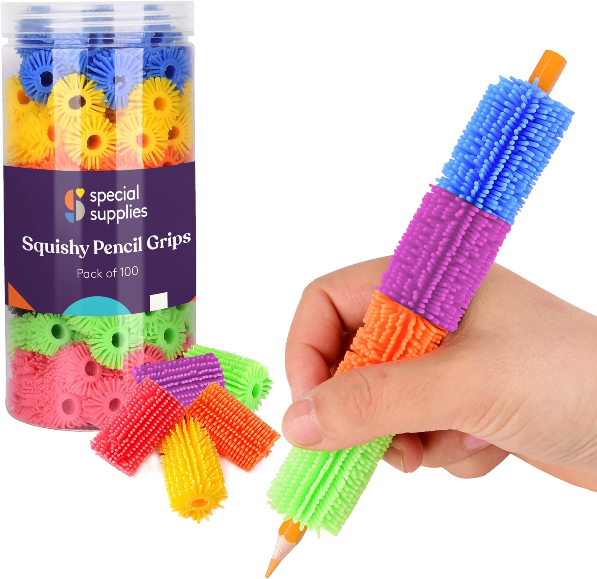 Special Supplies Squishy Pencil Grips for Kids and Adults Colorful Cushion Holder for Handwriting, Drawing, Coloring, Ergonomic Right or Left-Handed Reusable - Pack of 100