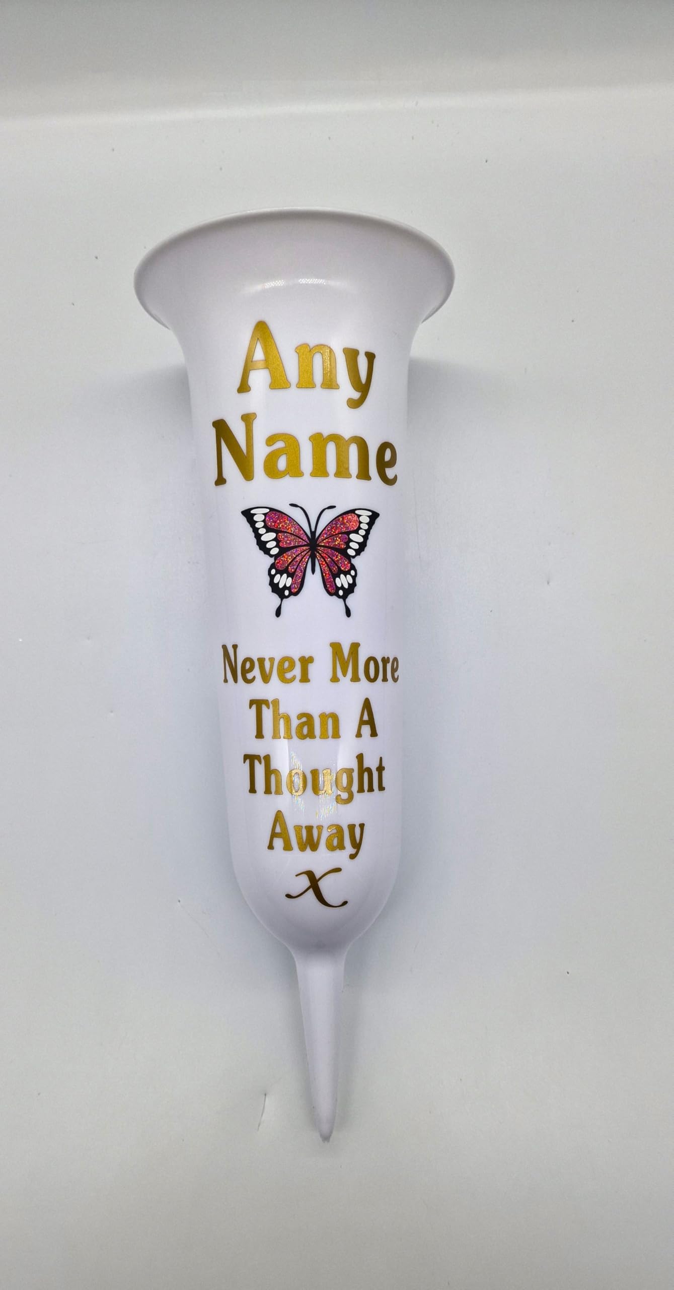 Personalised Memorial Grave Vase with Butterfly Design, Never More Than A Thought Away, Available (White Glossy with Pink Butterfly) โ image 1