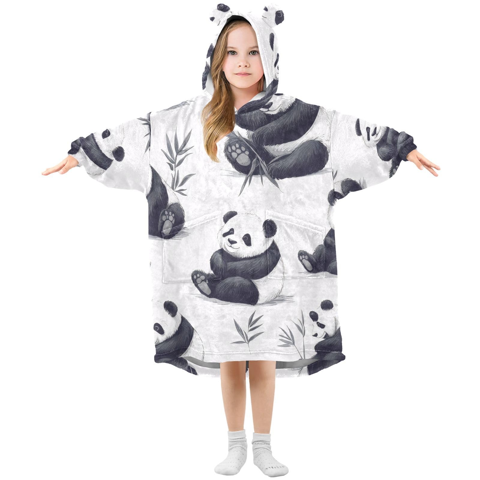 Grckit Boys A312 Cute Animal Panda Kids Wearable Blanket Hoodie Soft Sherpa Fleece Oversized Sweatshirt For Girls 3-14