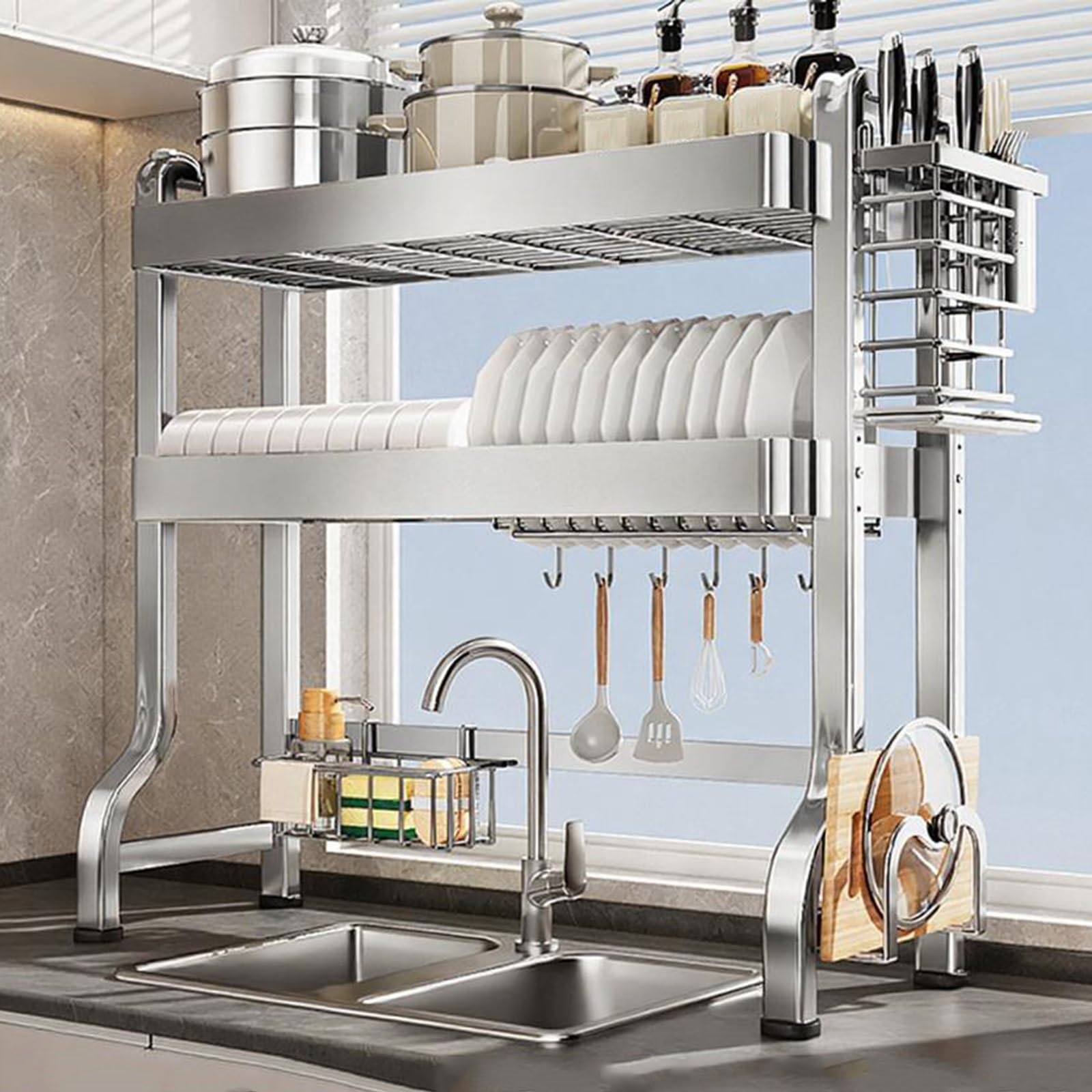 Grand égouttoir à vaisselle avec planche d'égouttement, organiseur d'évier de cuisine en acier inoxydable pour assiettes, bols, ustensiles, double couche, 84 cm