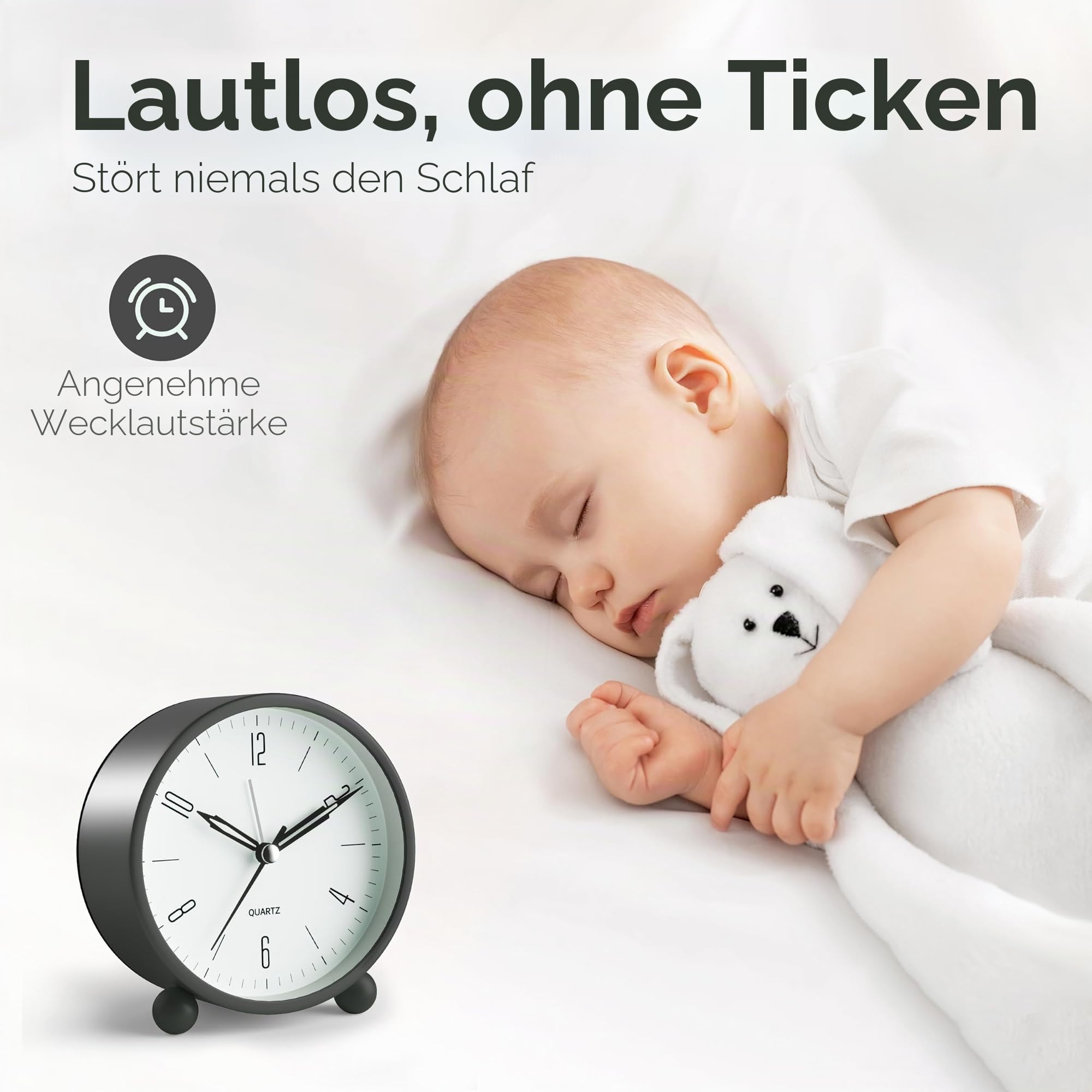 4 Zoll Analogwecker, super leise kein ticken, kleine Nachttischlampenuhr batteriebetrieben, einfaches Design, für Nachtbett, Büro, Schwarz