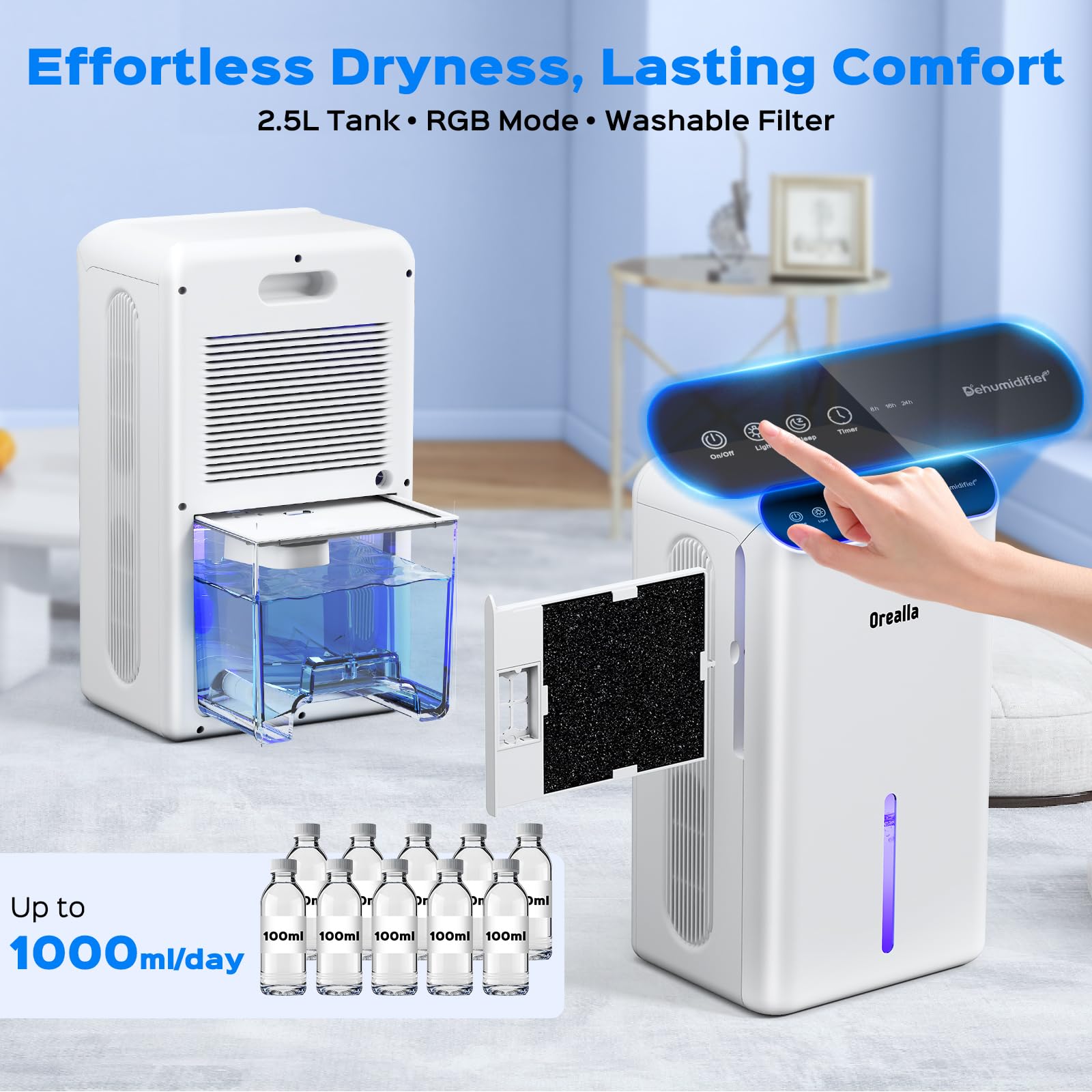 Deumidificatore Casa Muffa Portatile 2.5L - Deumidificatori Silenzioso con Modalità Sonno 30dB Spegnimento Automatico Timer Programmabile Luci 7 Colori, Dehumidifier per Bagno Letto Camera e Soggiorno