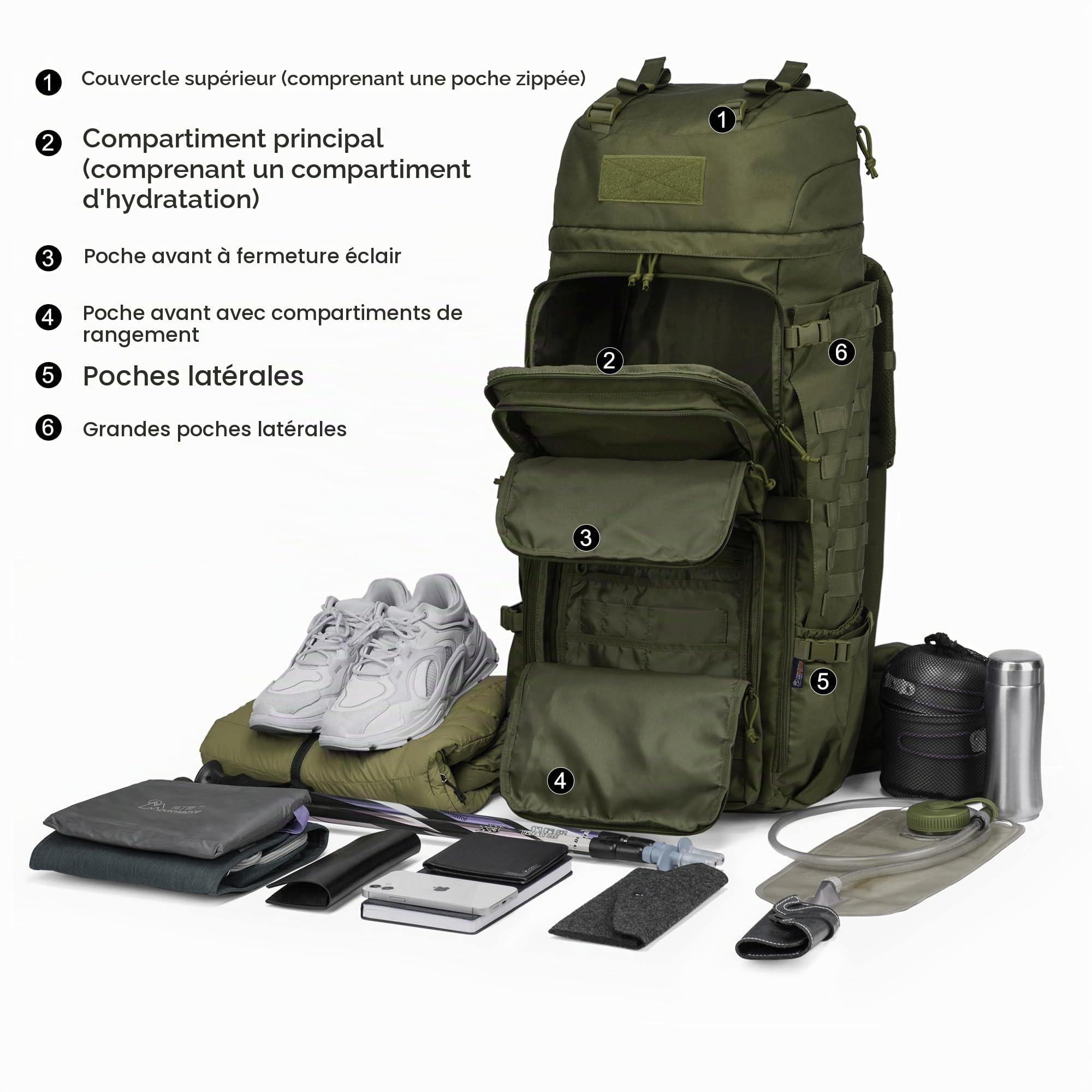 Mardingtop Sac à dos militaire 75L Sac à dos de randonnée avec housse de pluie，MOLLE-system Sac à dos de trekking Grande capacité Backpack pour le trekking,la randonnée et le camping
