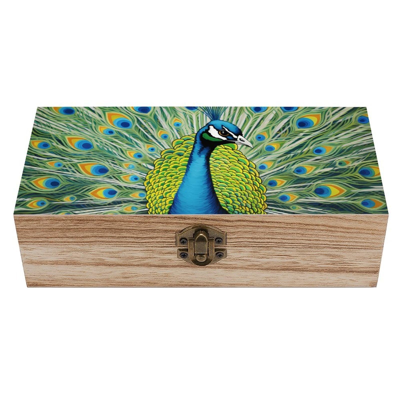 Cgsbngha Style Peacock Feathers Wooden Storage Boxes With Lid Memory Box Decorative Organiser For Office And Home