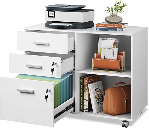 DEVAISE Archivador de madera de 3 cajones con cerradura, archivador lateral móvil, soporte de impresora con estantes de almacenamiento abiertos para