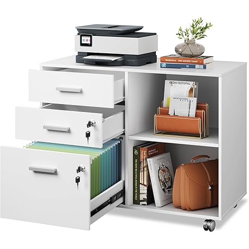 DEVAISE 3-Drawer Wood File Cabinet with Lock, Mobile Lateral Filing Cabinet, Printer Stand with Open Storage Shelves for Home Office, White