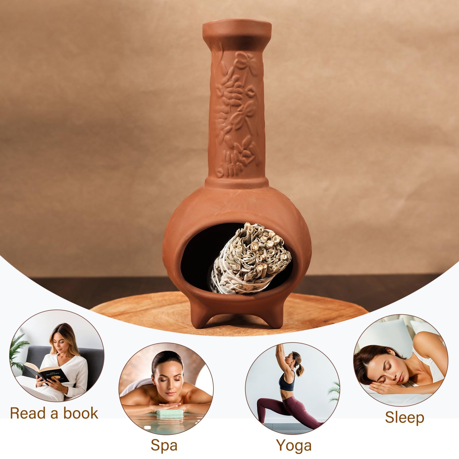 MOUGIGI Portaincenso fatto a mano in terracotta per Palo Santo e mini caminetto, elegante bruciatore a cono per bastoncini di Palo Santo e salvia, ideale per la pulizia energetica, yoga, meditazione