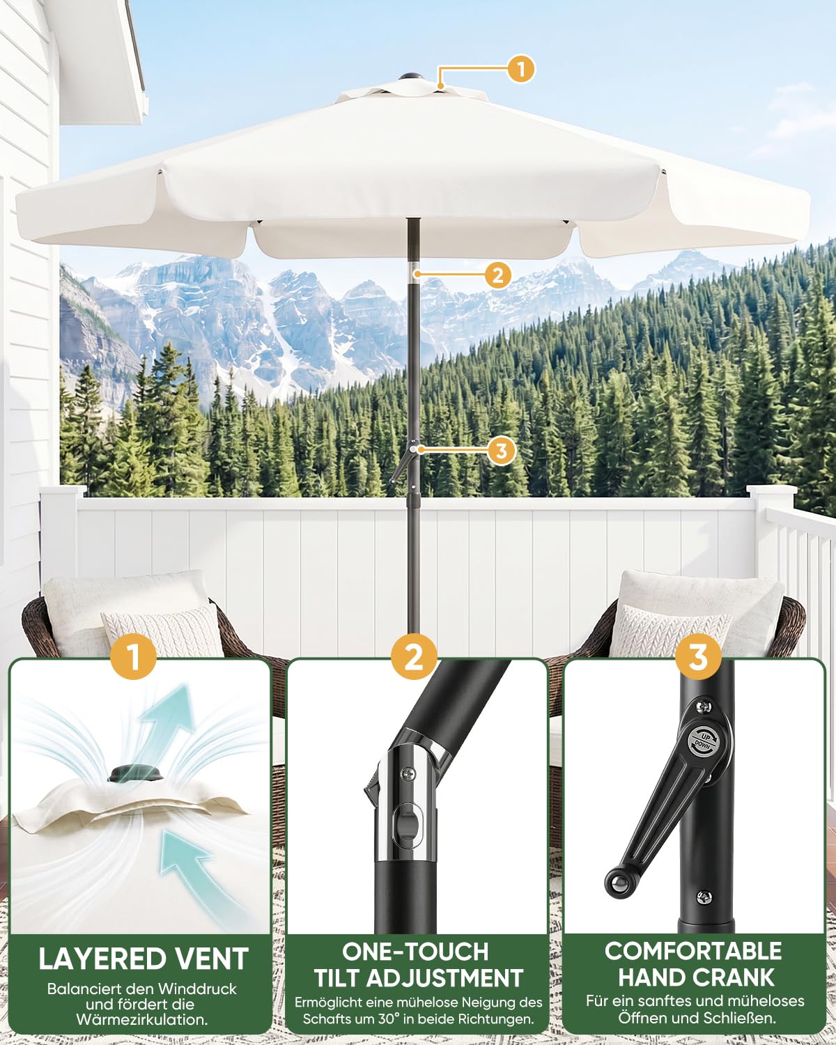 Sekey Parasol de 200 cm avec fonction manivelle et pliage, parasol de balcon, avec protection UV 50+, parasol pour balcon, terrasse, jardin