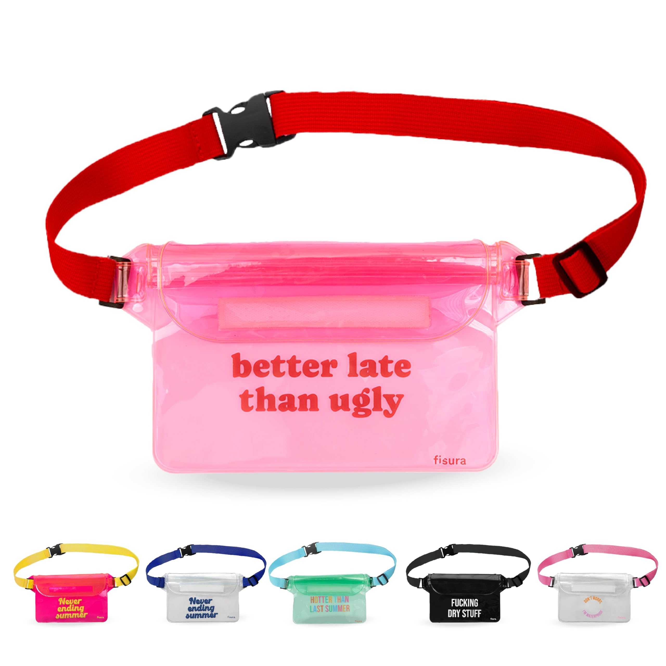 Fisura - Waterproof Waist Bag “Better Late Than Ugly” – Pink & Red Waterproof Dry Bag with Adjustable Belt, Bum Bag for Beach, Holidays & Festivals, 22.5 x 12.5 cm