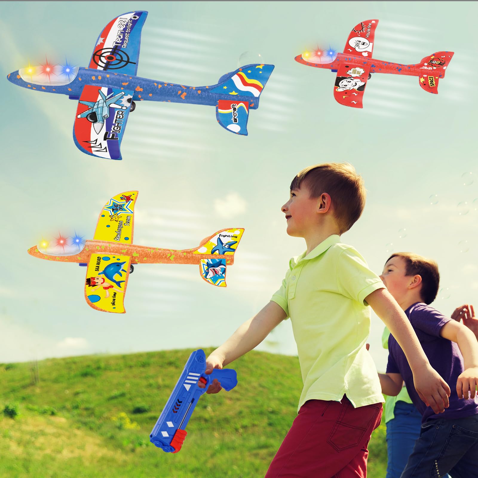 FAMKEEP Giocattoli Lanciatore Aereo,Aereo Giocattolo Aliante Aeroplano Schiuma per Bambini, Giochi Giardino Esterno All'aperto Interattivi Gioco Bimbi 3 4 5 6 7 8 9 10 Anni