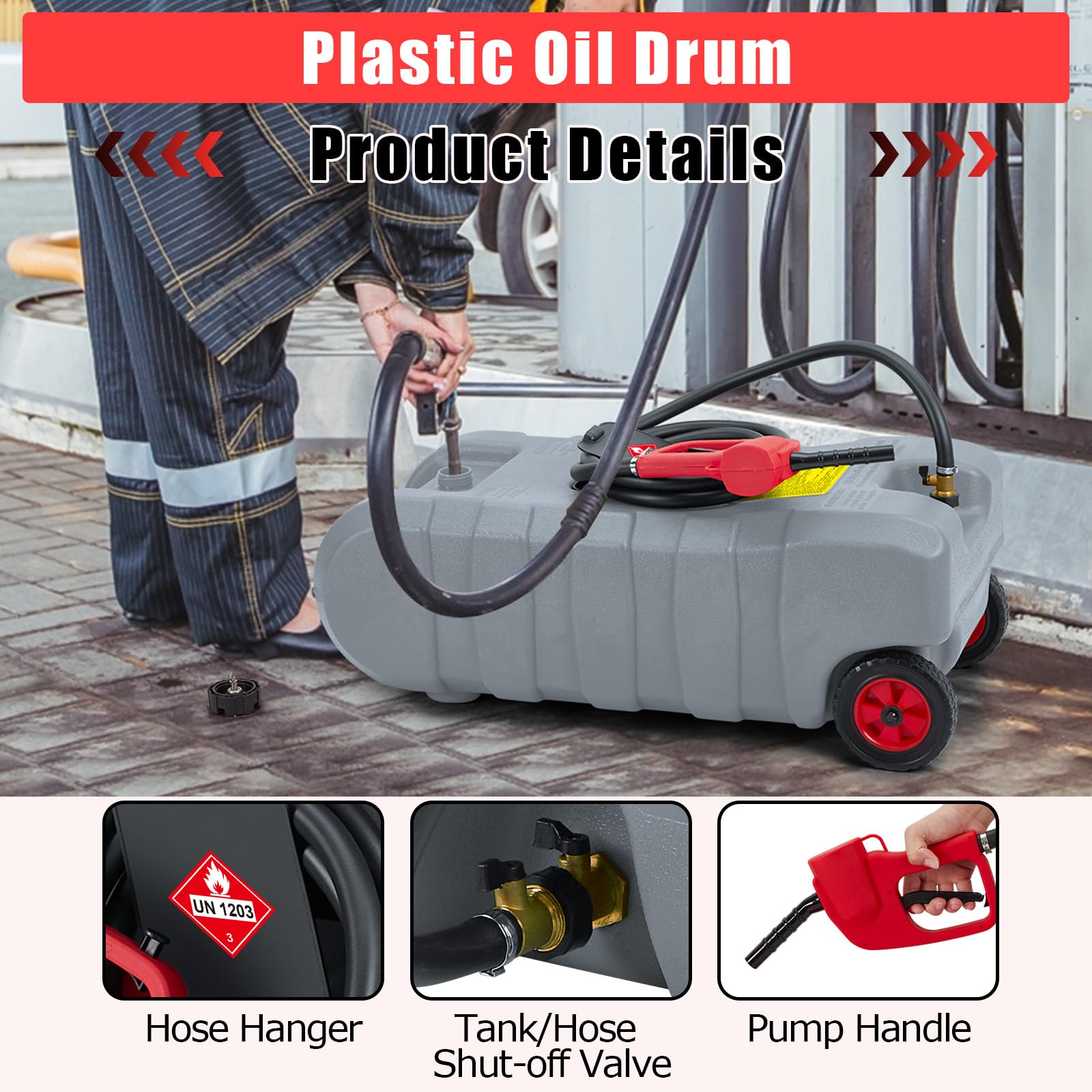 Bidón de gasolina portátil 57L de HDPE,Jerrican gasolina sobre ruedas con mango, bomba manual, manguera de 3 m y boquilla, caudal 7,5 l/min,tanque combustible portátil con válvula de cierre para