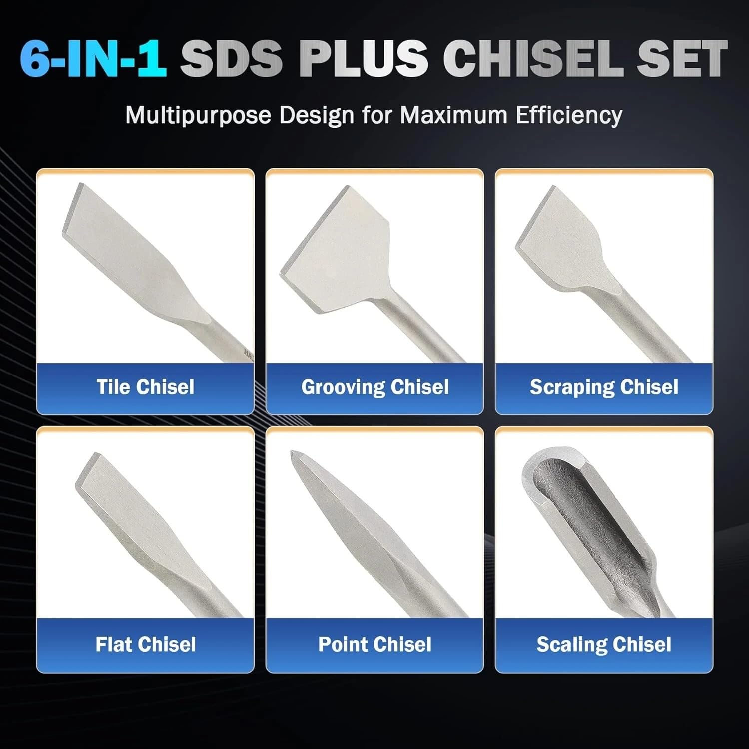 Juego de 6 cinceles SDS Plus de acero 40Cr para martillo rotativo para mampostería y hormigón, para azulejos, ranurado, raspado, cinceles de escala de punta plana