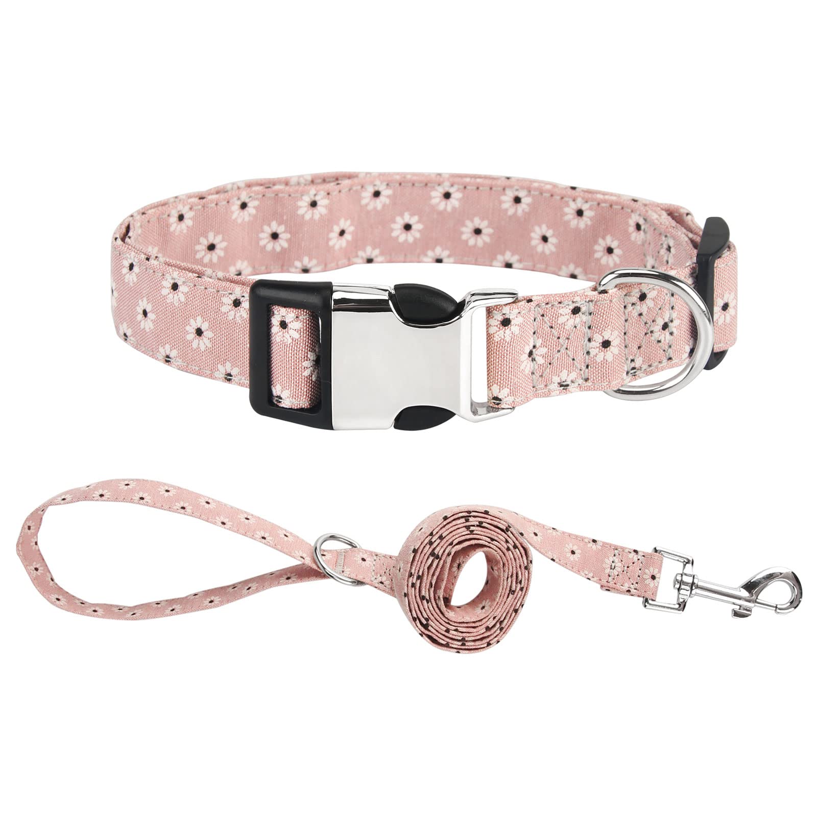 Piang Gouer Juego de collar y correa para perros, diseño de flores, collar para mascotas con hebilla de metal, tamaño ajustable para perros pequeños y medianos (rosa-L)