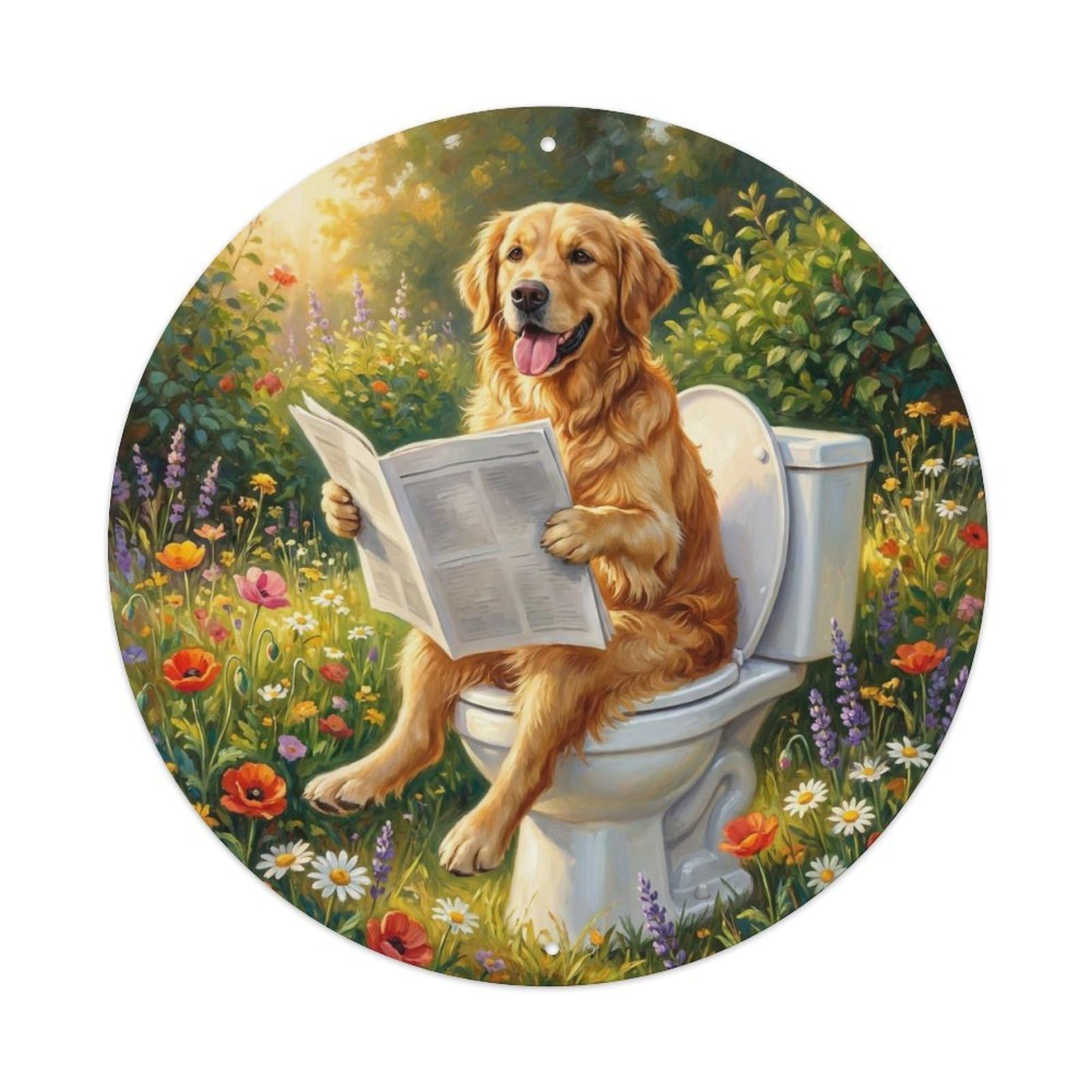 Dog On Toilet Humorous Bathroom Sunny Garden Reads Metal Tin Sign
