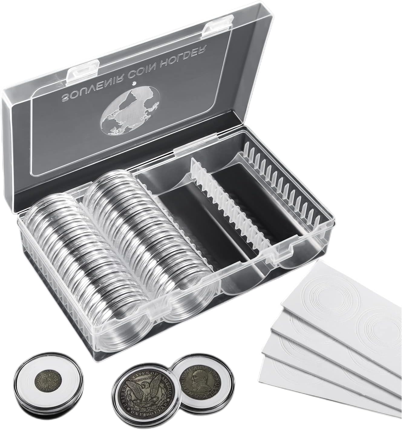 MUDOR 41 mm Coin Holder, 60 Pieces Silver Dollar Capsules with Foam Gasket, Professional Storage Case Box for Coin Collection