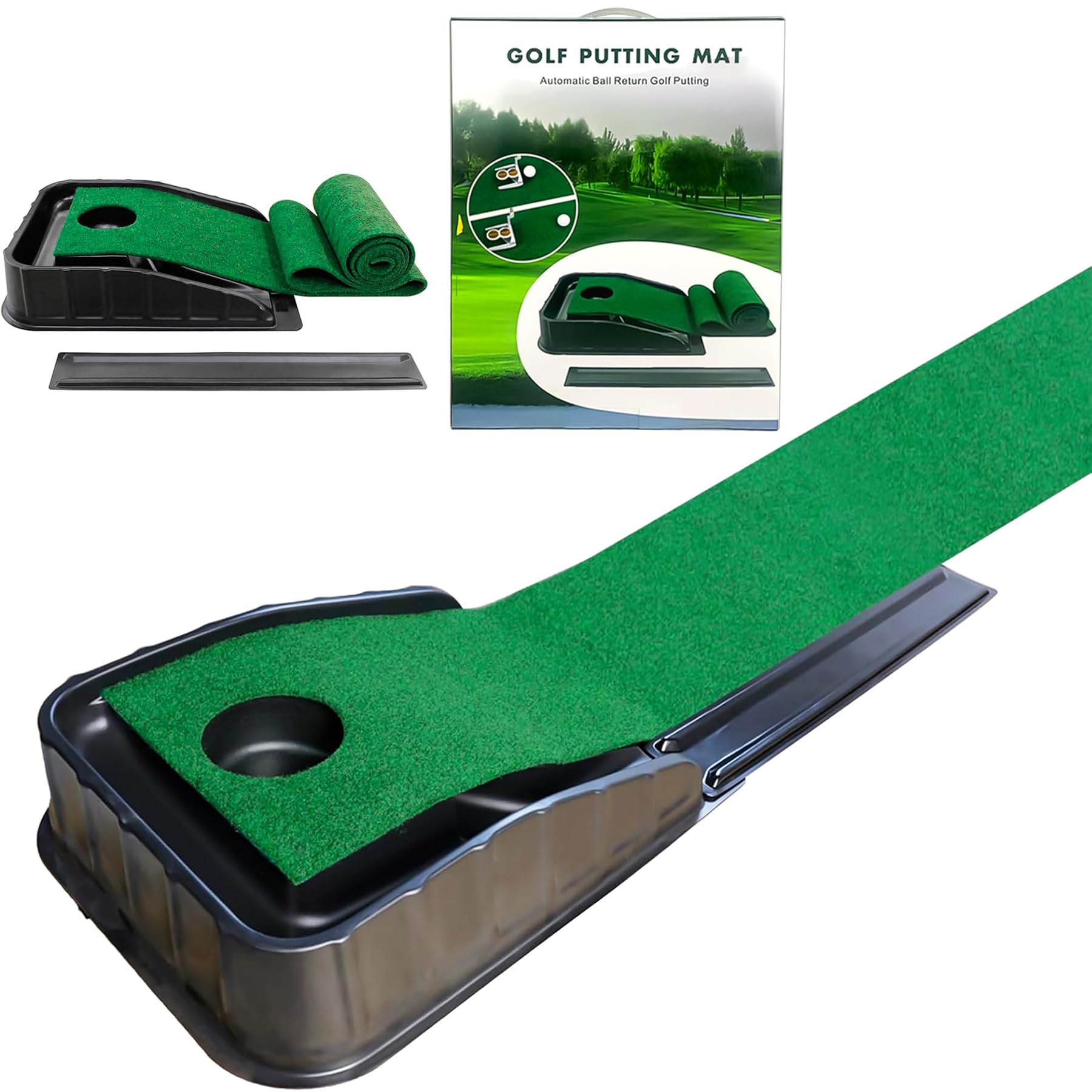 Golf Green – Tappetino portatile con ritorno automatico della palla, per interni con ritorno della palla, verde, mini golf pratica allenamento aiuto – casa, ufficio, ufficio