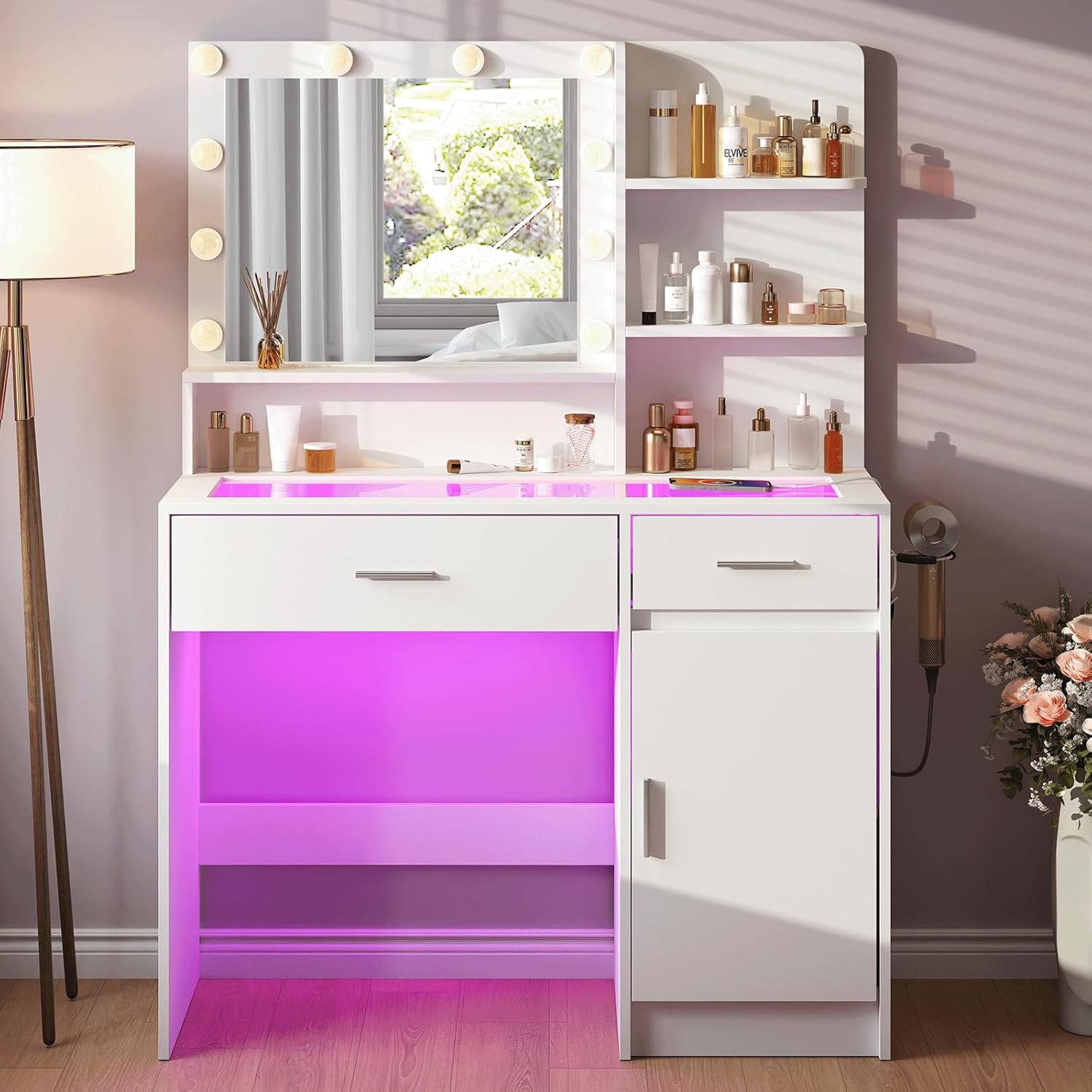 Modern White Vanity Desk with Lighted Mirror & RGB Adjustable Brightness – Elegant Dressing Table with Glass Top & Power Outlet, Perfect for Women & Girls' Bedrooms - 3 Lighting Modes (White)