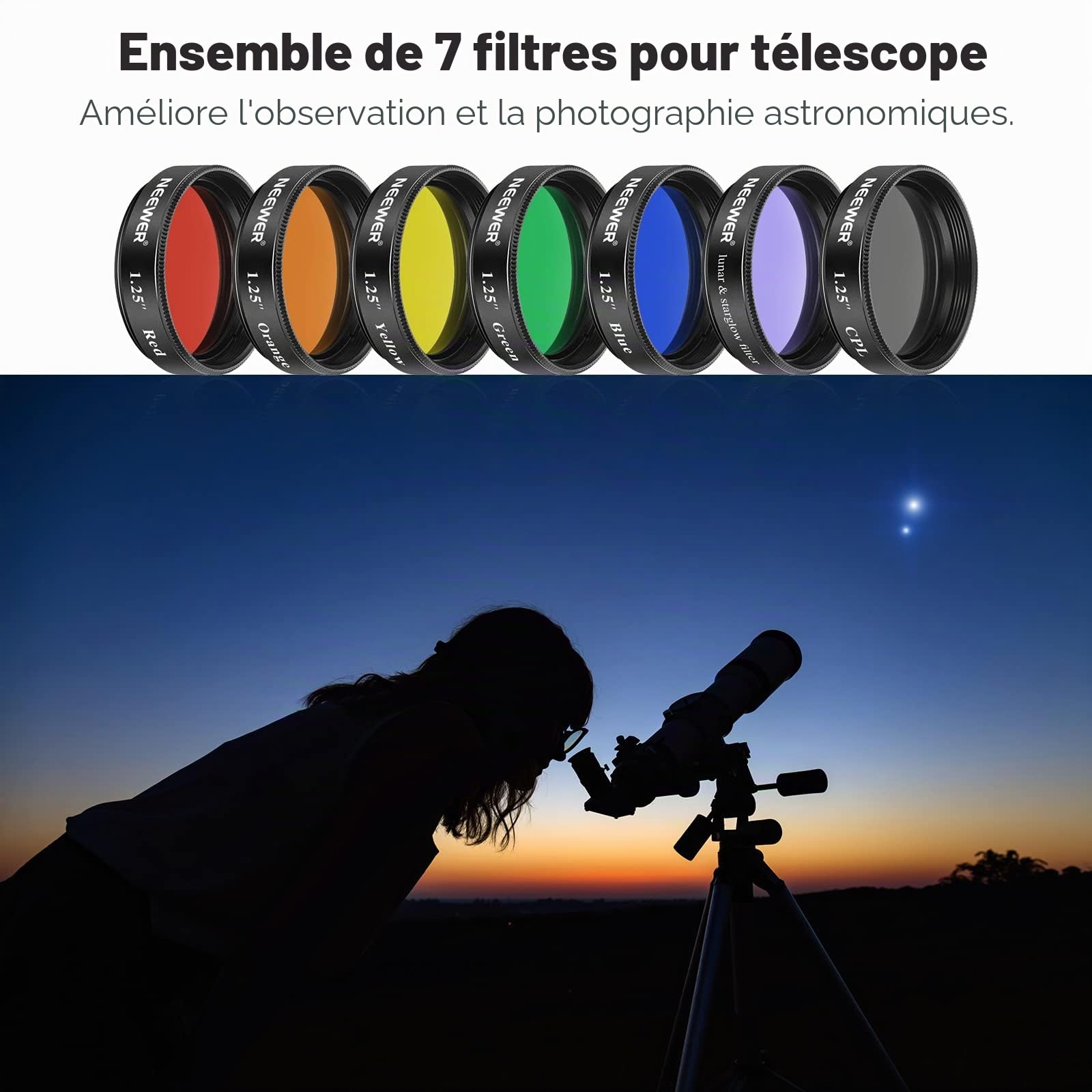 Neewer Kit de Filtres 3,17 centimètres Téléscope Lune Filtre, CPL Filtre, Filtres de 5 Couleurs(Rouge, Orange, Jaune, Vert, Bleu), Filtres Oculaires dans l'Observation Planétaire Lunaire