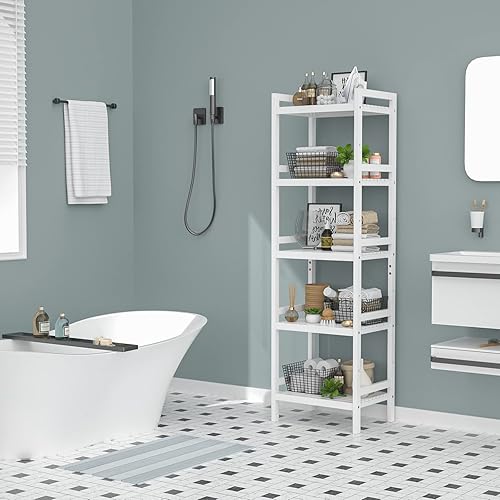 Miniatura 5 de Homykic Estantería de bambú de 5 niveles estrecha de 55.9 pulgadas, estante ajustable para libros, estantes de baño, soporte de almacenamiento