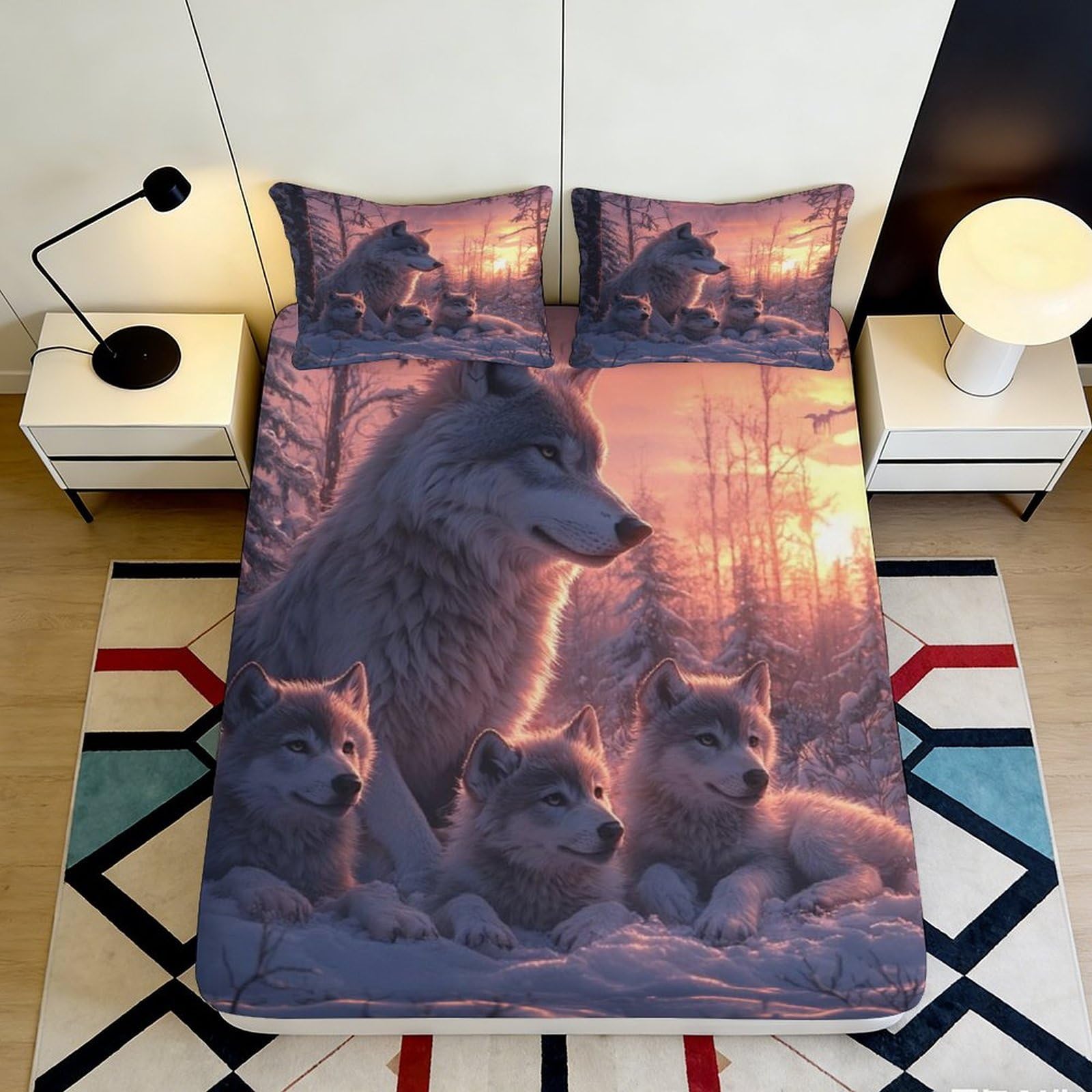 3D Printed Wolf Family Fitted Sheet Microfiber Bedroom Decor Sunrise Forest Mattress Cover for Home Dorm 90x200x25cm