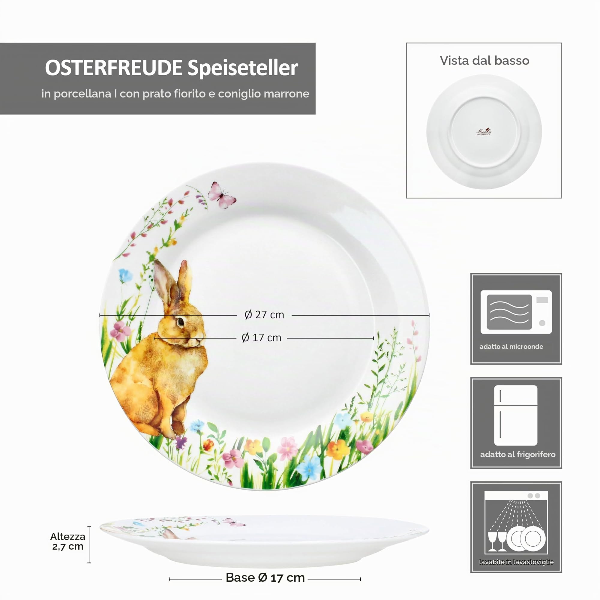 MamboCat Set di 6 piatti piani Osterfreude I Ø 27 cm I piatti in porcellana primaverile con decorazione coniglietto pasquale per 6 persone, piatti grandi per pasti principali, grigliate e così via.